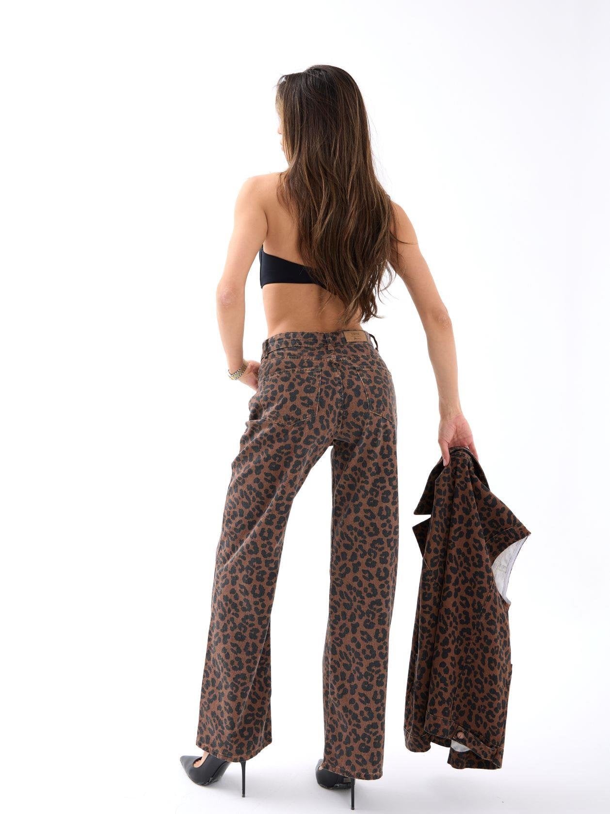 Women's Denim Vest and Wide-Leg Trousers Set with Leopard Print - Fame - by Peralane - photo 3