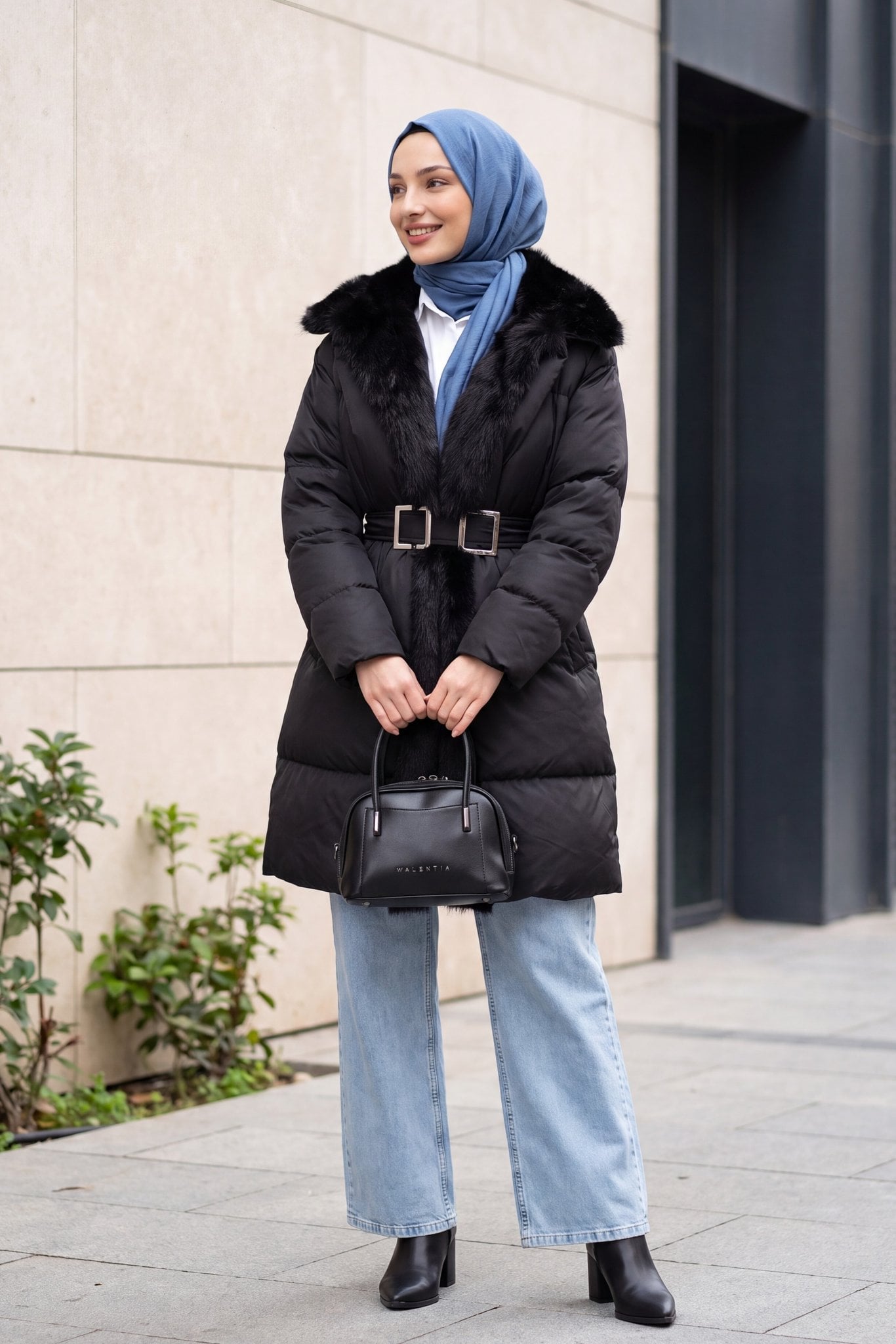 Faux Fur Trim Belted Pocketed Quilted Puffer Coat - Black - Podyumplus - by Peralane - photo 6
