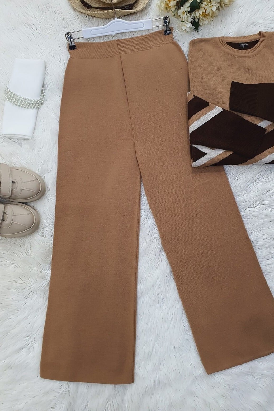 Women's Wide-Leg Knit Lounge Trousers in Mink - Podyumplus - by Peralane - photo 4