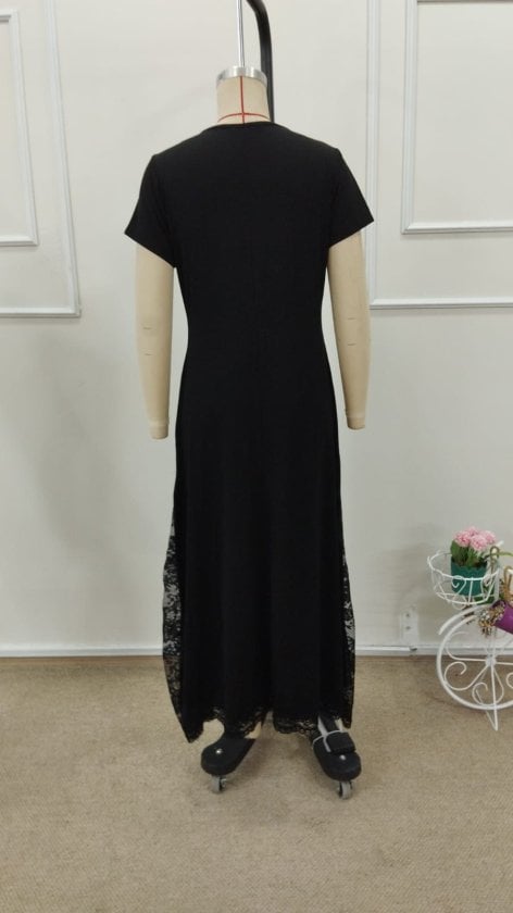 Women's Short Sleeve Round Neck Side Slit Lace Detail Long Viscose Dress - Janes - by Peralane - photo 6