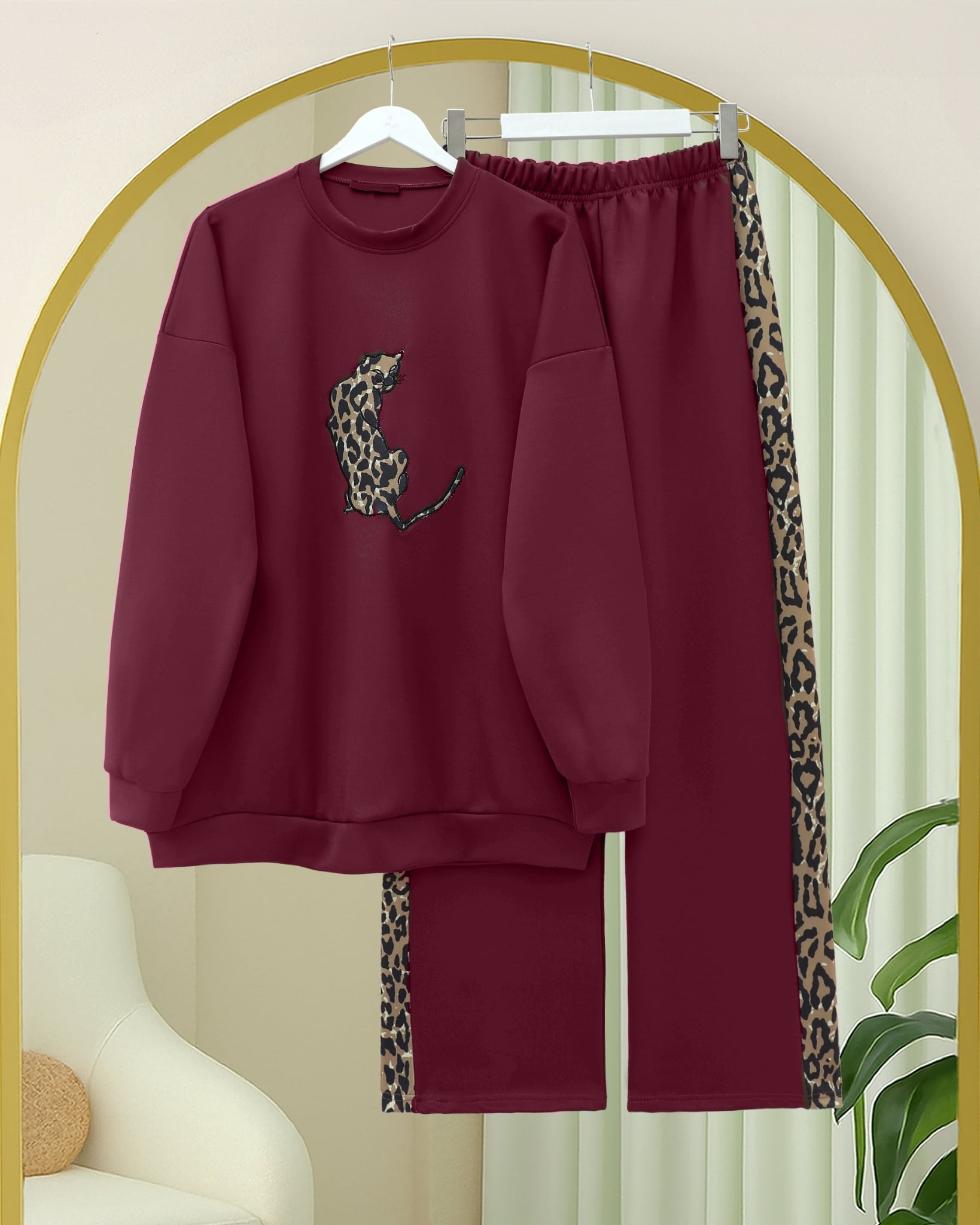Leopard Print Scuba Two-Piece Set with Trousers - Burgundy - Podyumplus - by Peralane - photo 3