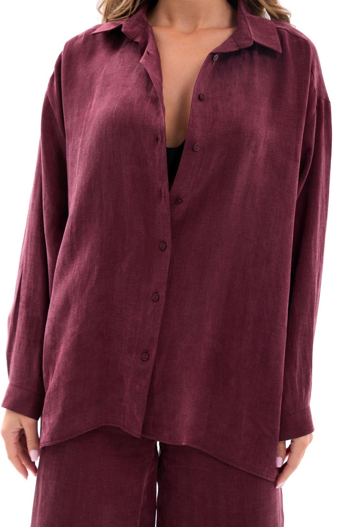 Burgundy Linen Blend Lounge Set with Shirt and Wide-Leg Trousers - Fame - by Peralane - photo 5