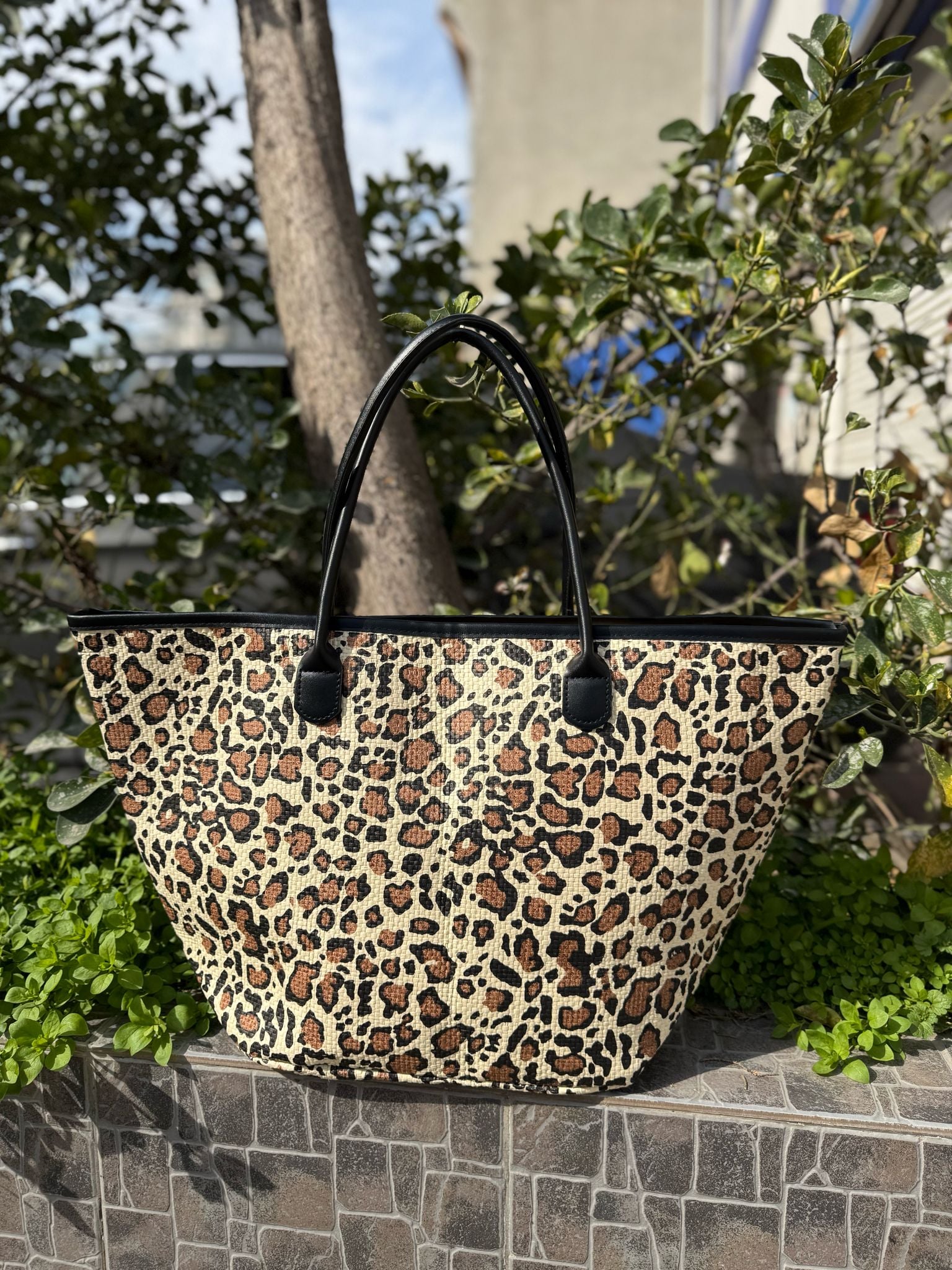 Leopard Print Woven Straw Tote Bag with Faux Leather Handles - Nesvay - by Peralane