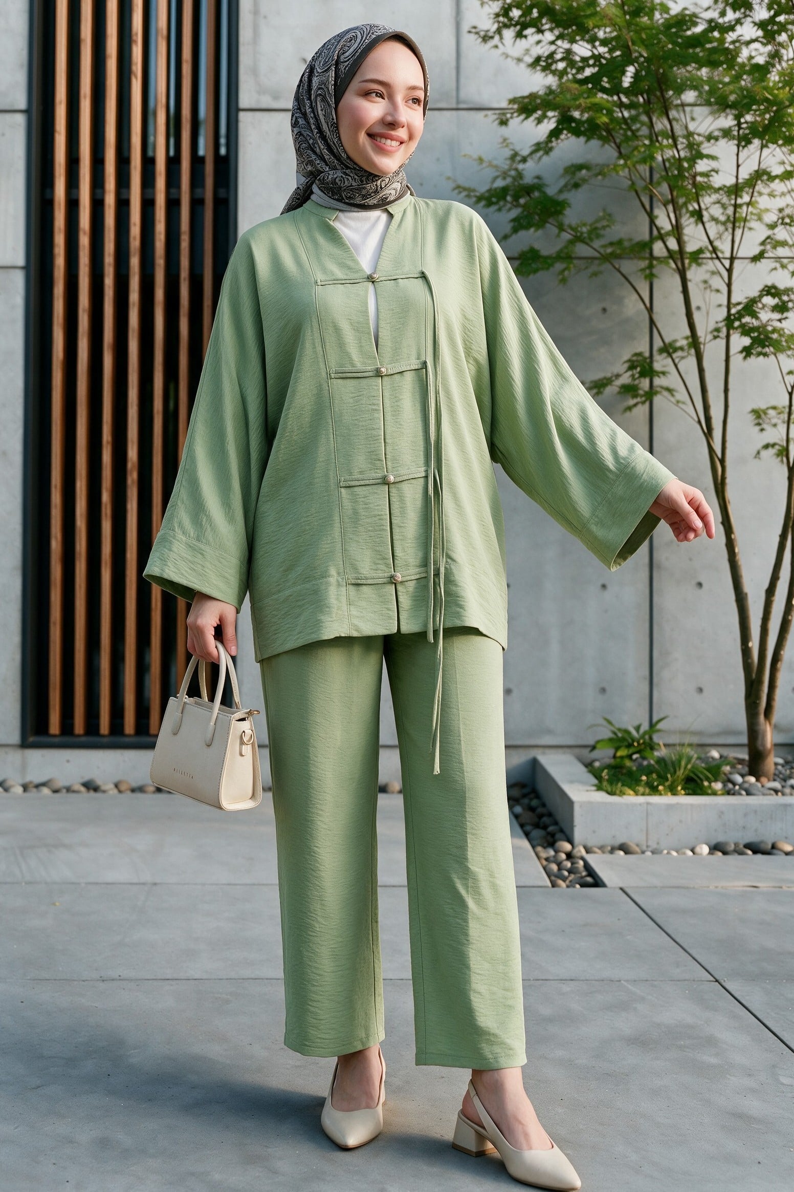 Front Stone Button Wide Leg Trouser Set - Light Green - Podyumplus - by Peralane