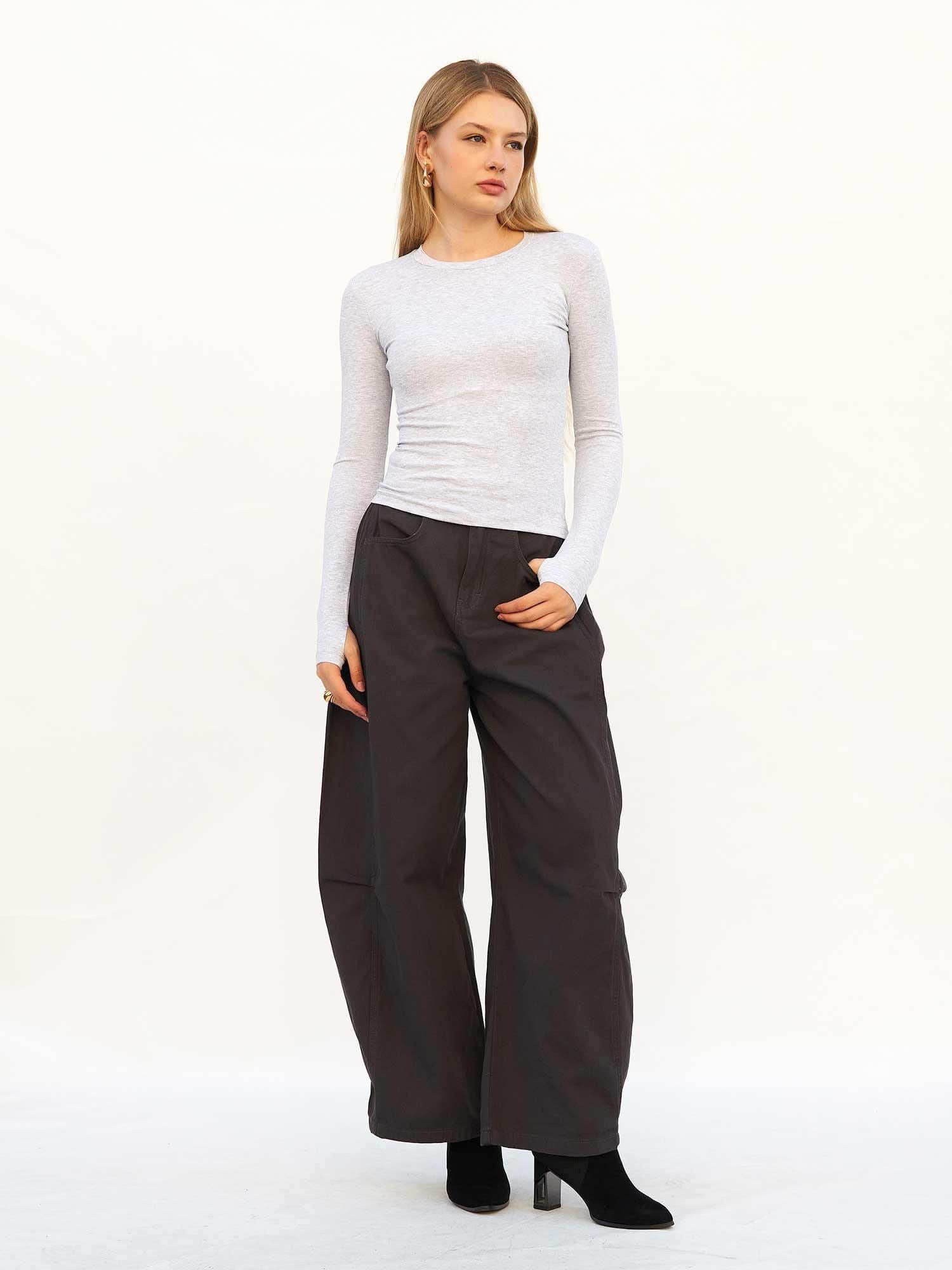 Light Grey Ribbed Knit Long-Sleeve T-Shirt with Thumbholes - Lefon - by Peralane - photo 4