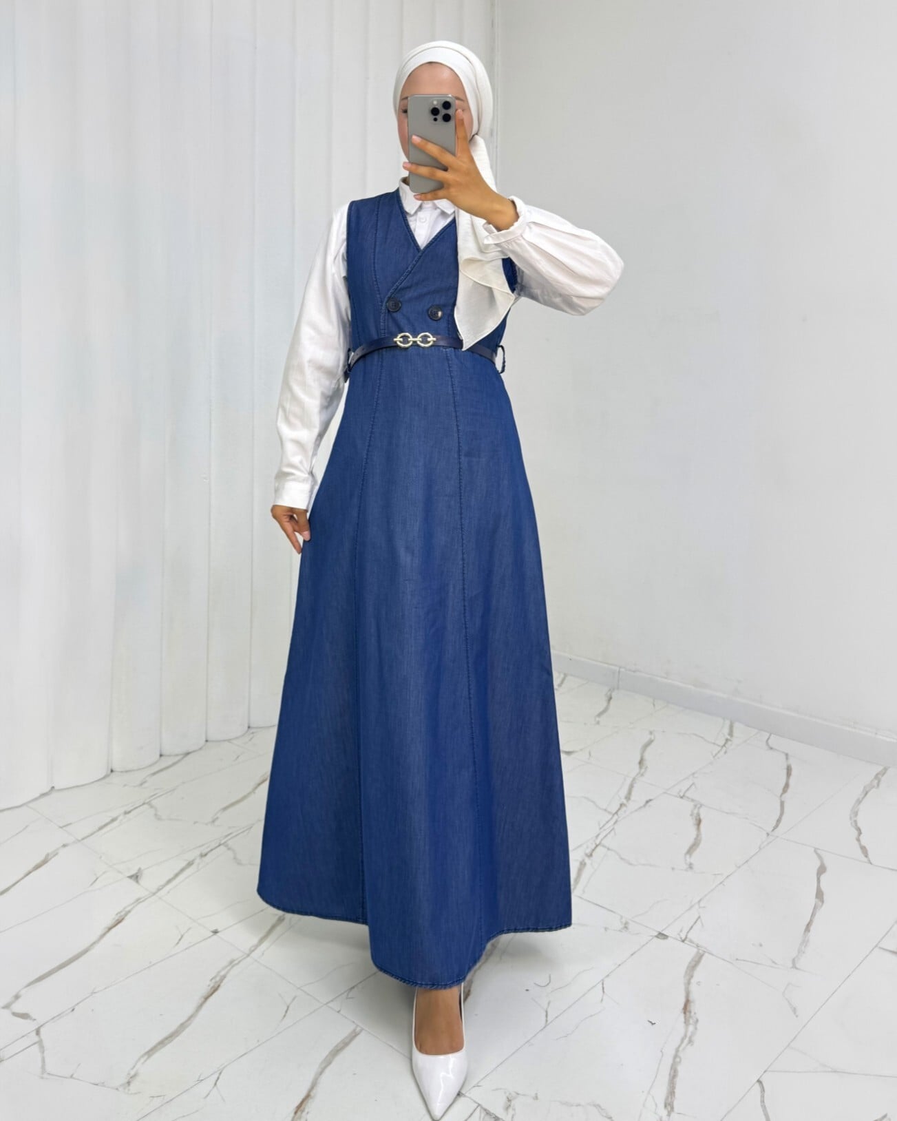 Double-Breasted Belted Denim Jumpsuit - Indigo - Podyumplus - by Peralane - photo 6