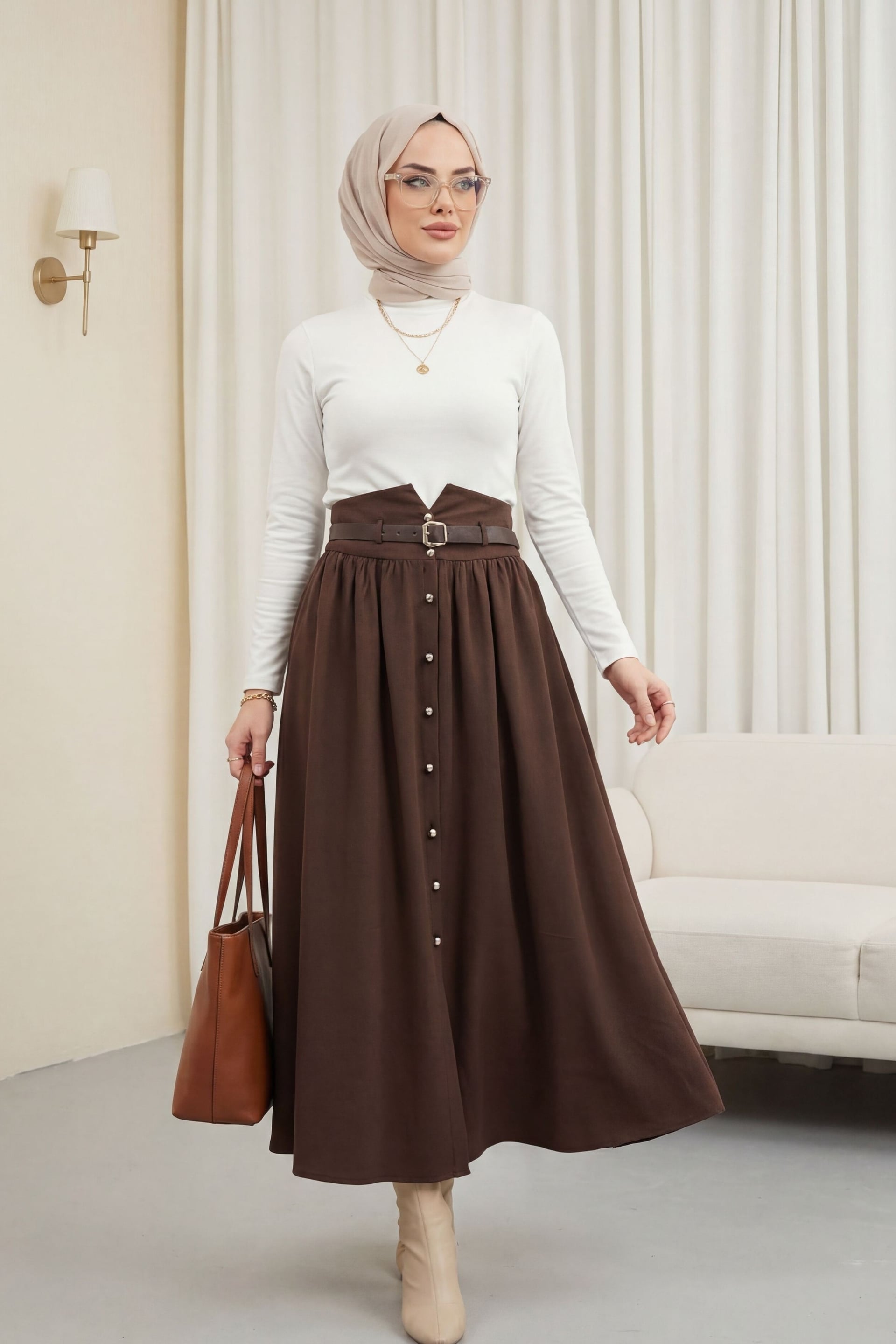 High-Waist Button-Front Modal Skirt with Elastic Waistband and Belt - Brown - Podyumplus - by Peralane - photo 2