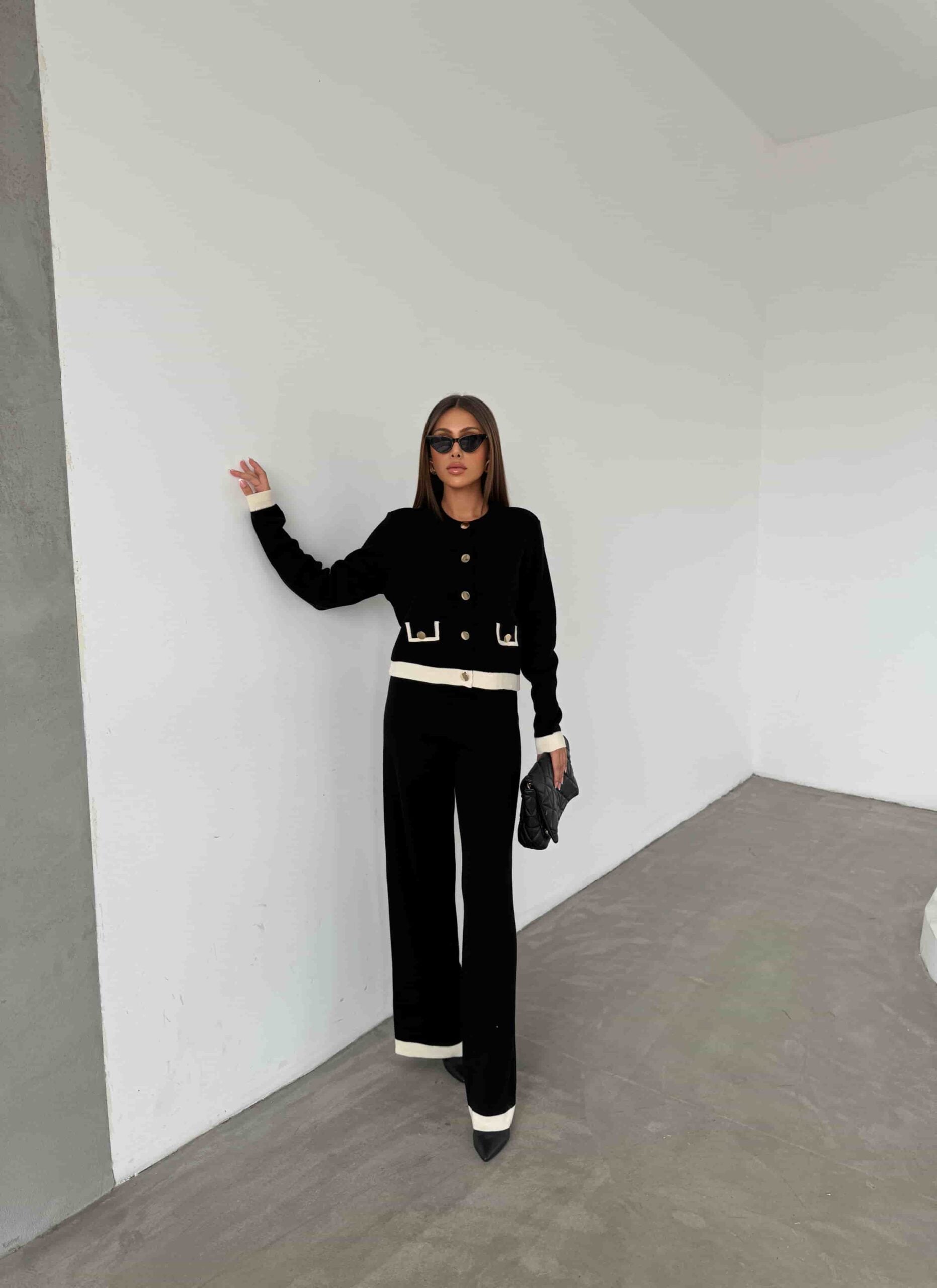 Black Knit Cardigan and Wide-Leg Trousers Set with Cream Trim - My Bee - by Peralane