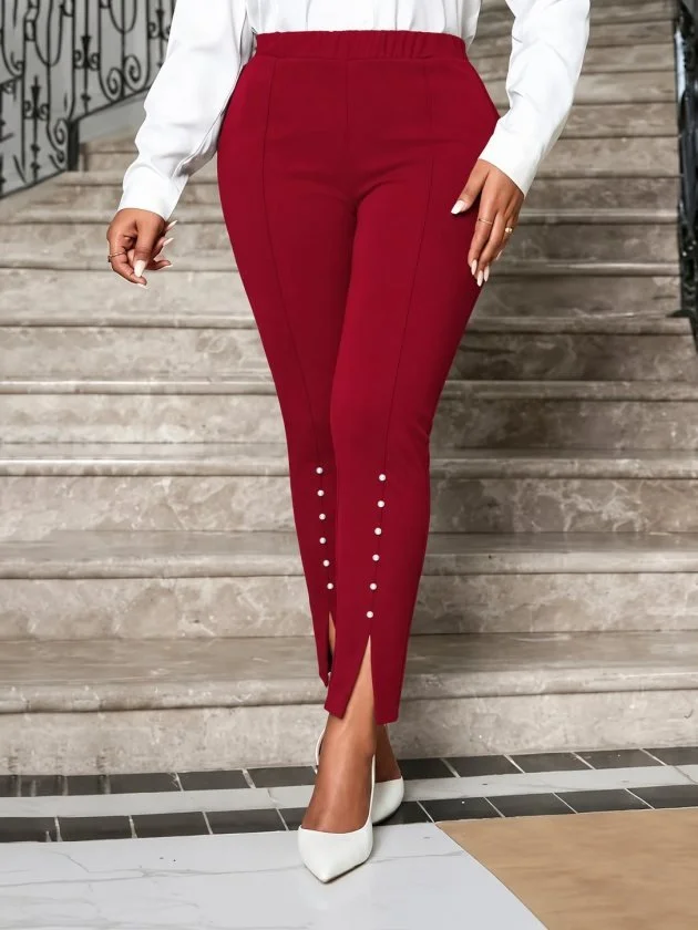 Women's High-Waist Split Hem Crepe Trousers with Pearl Detail - Janes - by Peralane