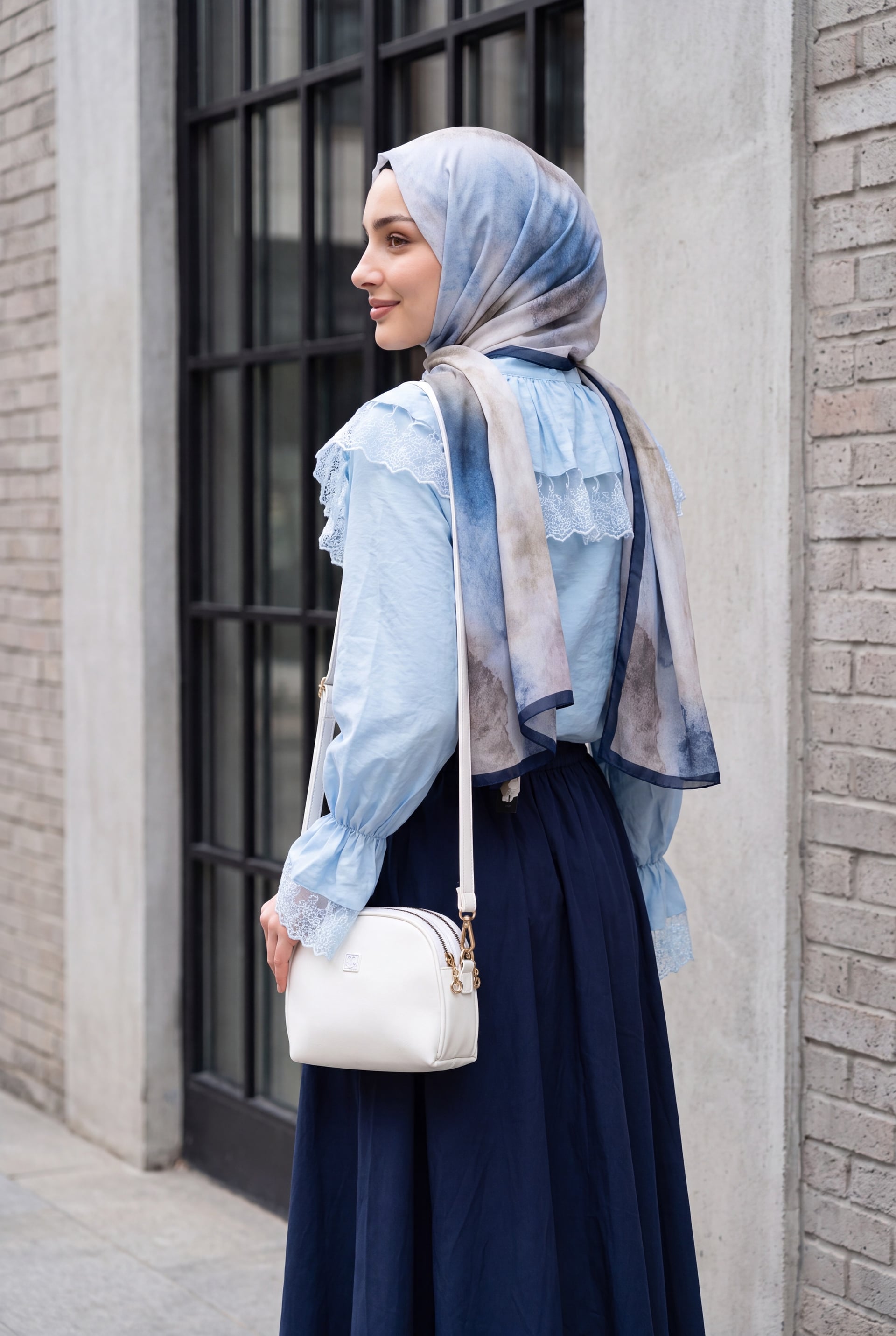 Mandarin Collar, Elasticated Sleeves, Lace Detail, Buttoned Modal Blouse - Baby Blue - Podyumplus - by Peralane - photo 3