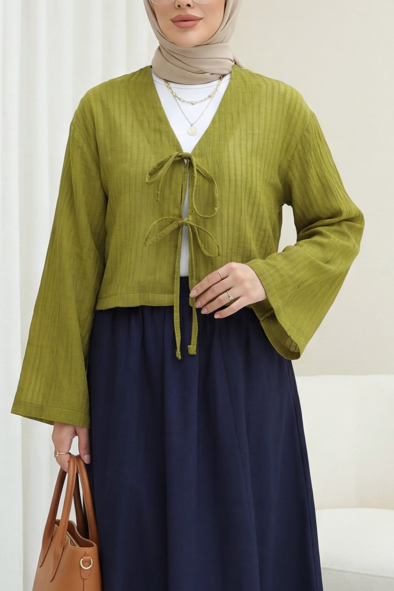 Olive Green Tie-Front Bell Sleeve Knit Cardigan - Podyumplus - by Peralane