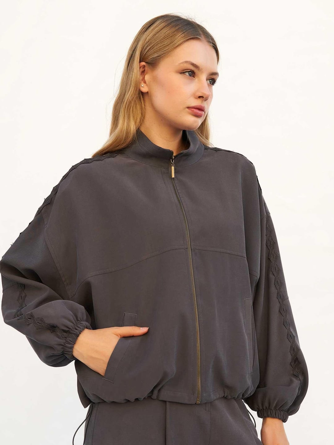 Dark Grey Zip-Up Long Sleeve Jumpsuit with Drawstring Waist - Lefon - by Peralane - photo 6