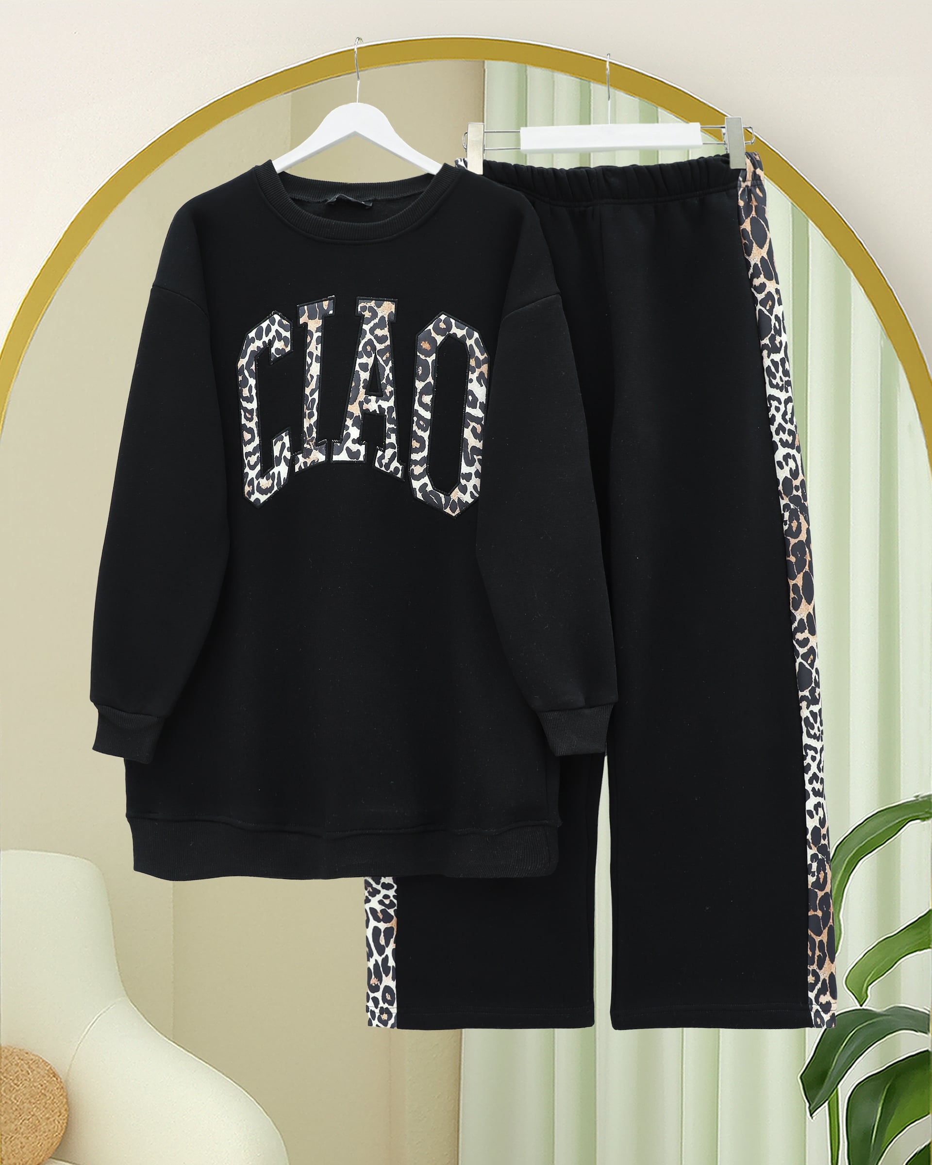 Front Print Leopard Detail Three-Thread Sweatshirt and Trousers Set - Black - Podyumplus - by Peralane - photo 3