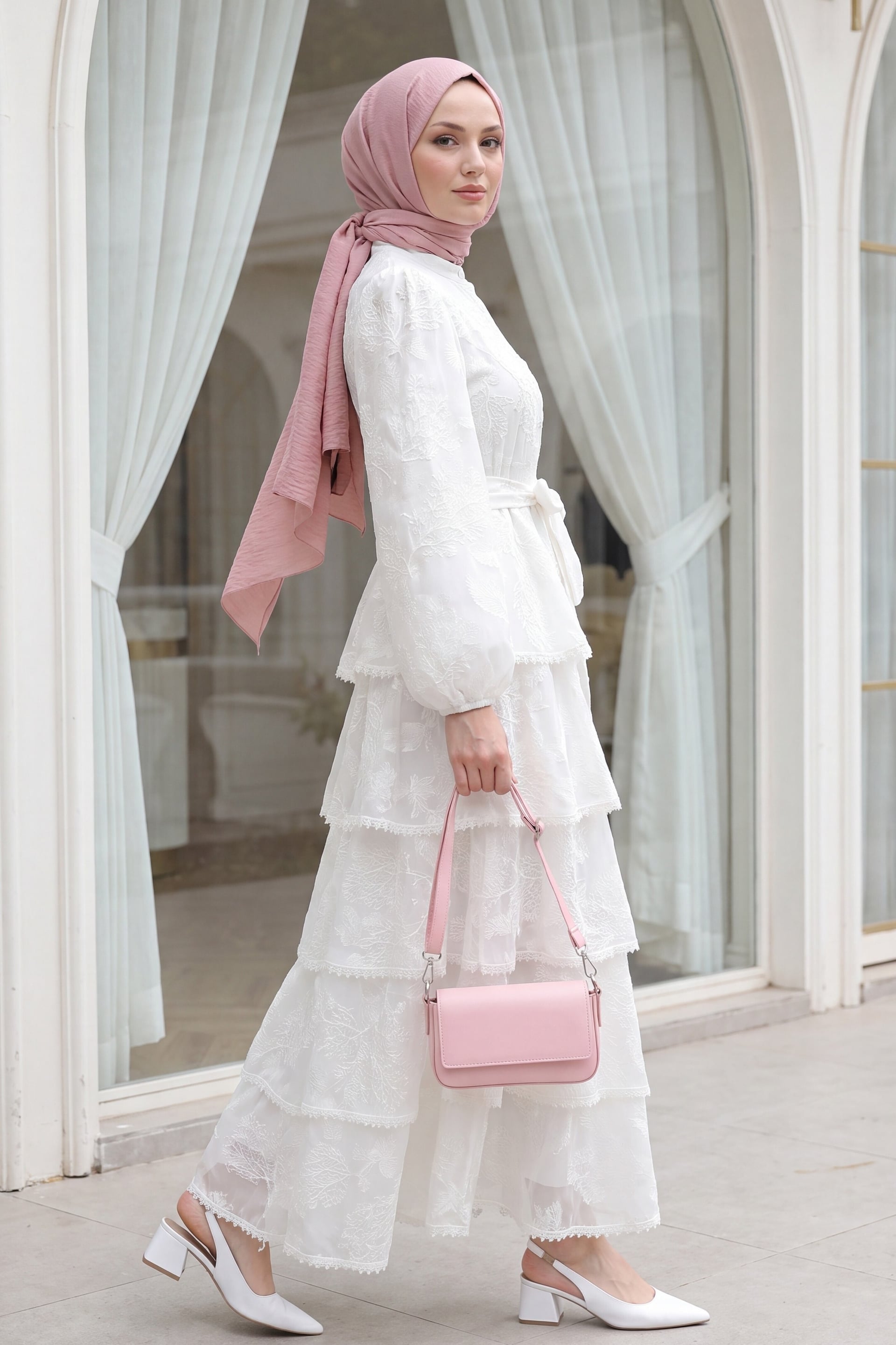 White Floral Embroidered Tiered Chiffon Dress with Belt and Full-Length Buttons - Podyumplus - by Peralane - photo 3