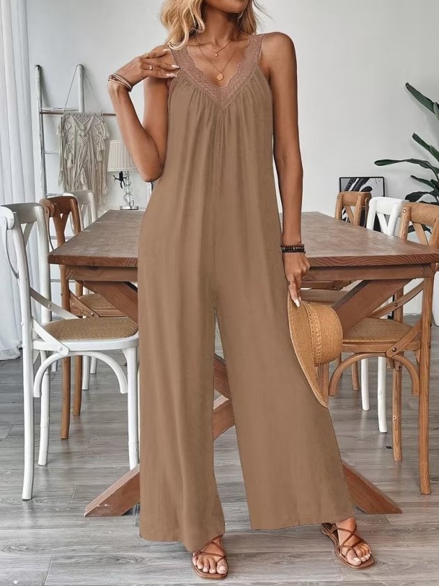 Women's Solid Brown Wide-Leg Viscose Jumpsuit with V-Neck Lace Trim - Janes - by Peralane