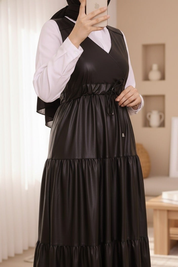 Black Faux Leather Tiered Maxi Dress with V-Neck and Drawstring Waist - Podyumplus - by Peralane - photo 3