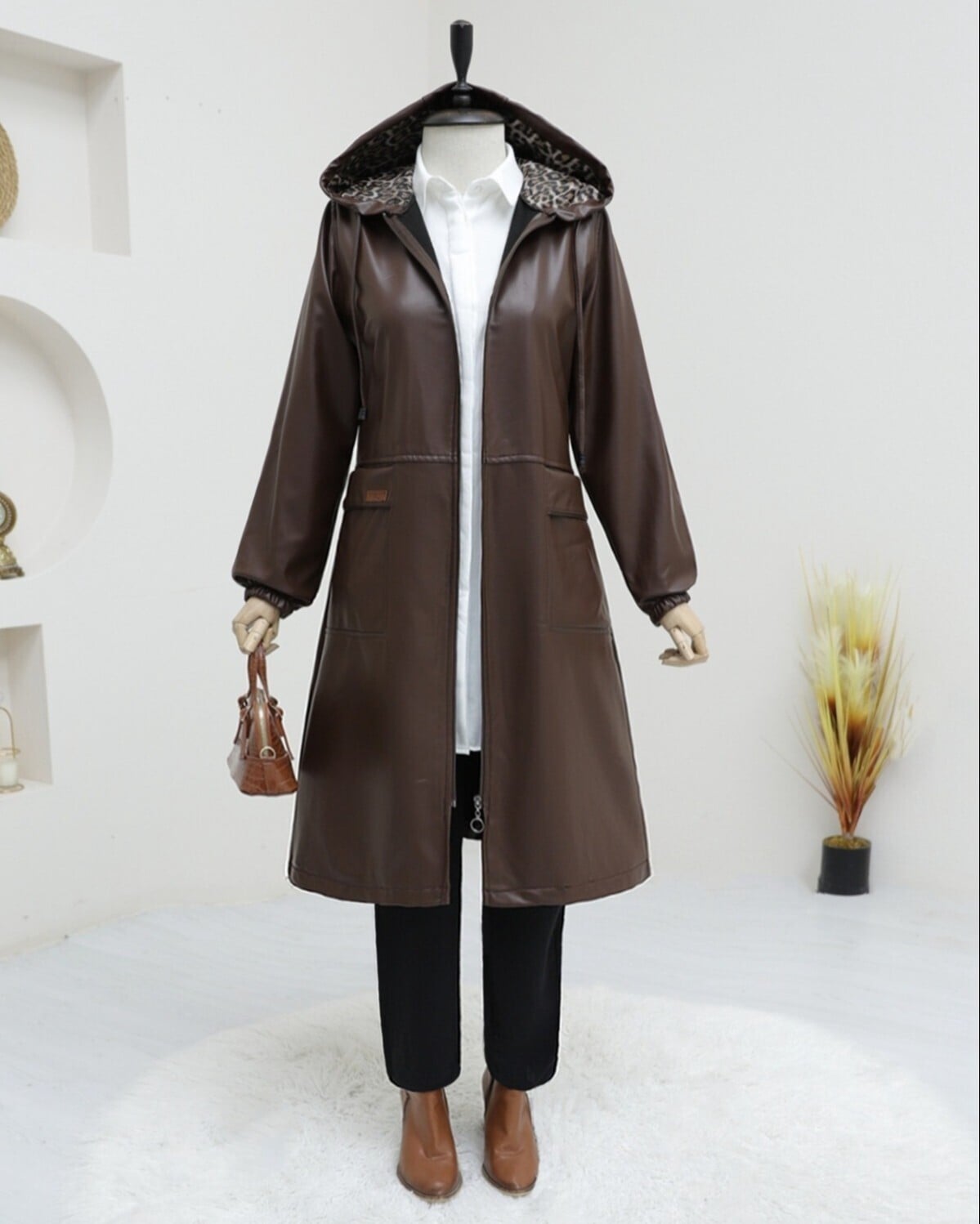 Hooded Faux Leather Coat with Leopard Print Lining - Brown - Podyumplus - by Peralane - photo 5