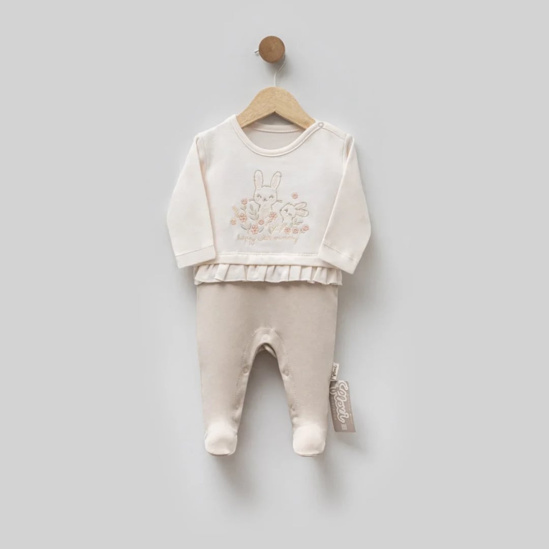 Baby Footed Romper with Bunny Embroidery - Ecru - Flexi Baby - by Peralane