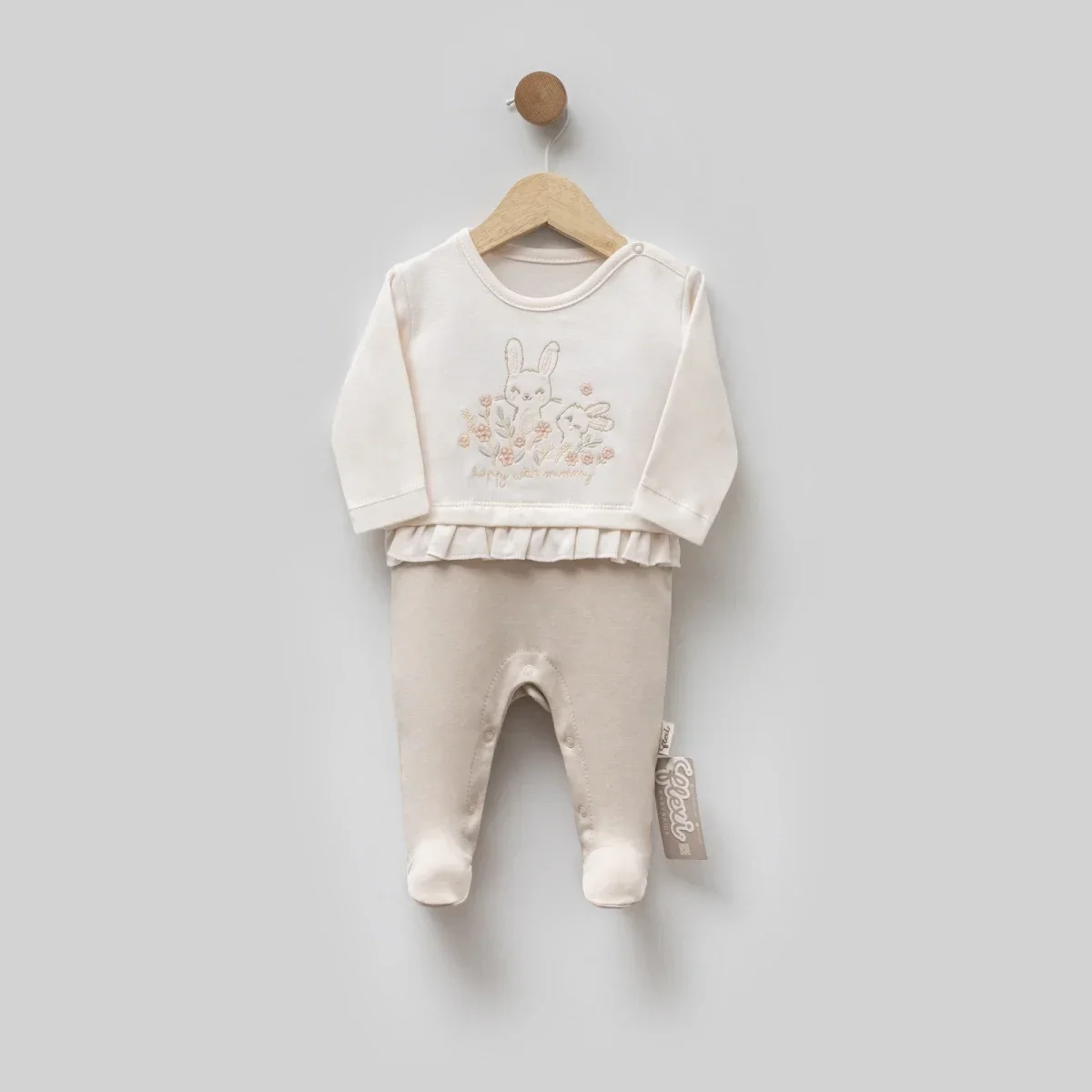 Baby Footed Romper with Bunny Embroidery - Ecru - Flexi Baby - by Peralane