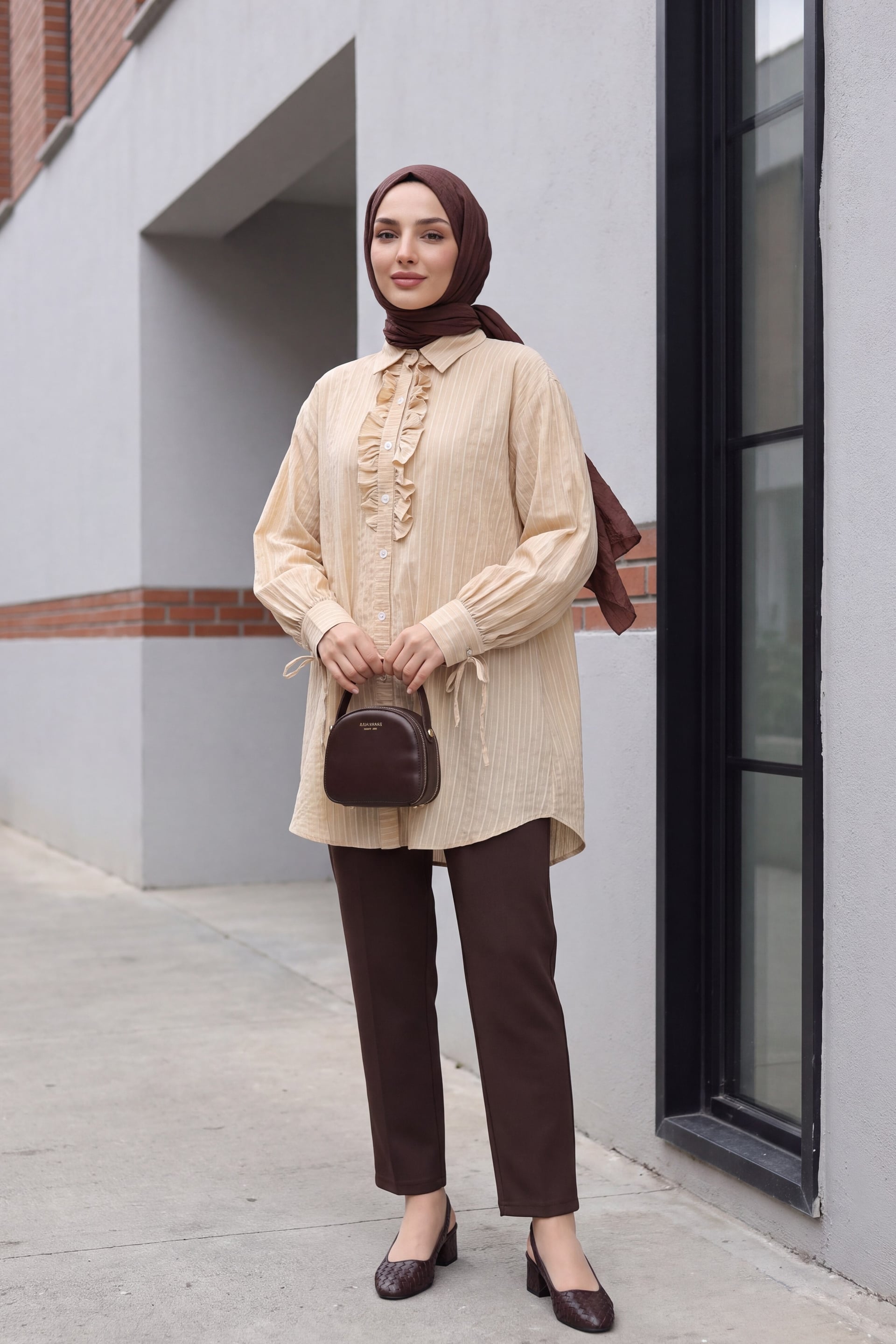 Long-Sleeved Striped Shirt Tunic with Ruffled Placket and Tie Cuffs - Beige - Podyumplus - by Peralane - photo 2