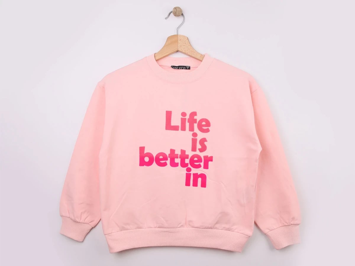 Girls' Pink Crew Neck Sweatshirt with Life Print - First Kids - by Peralane