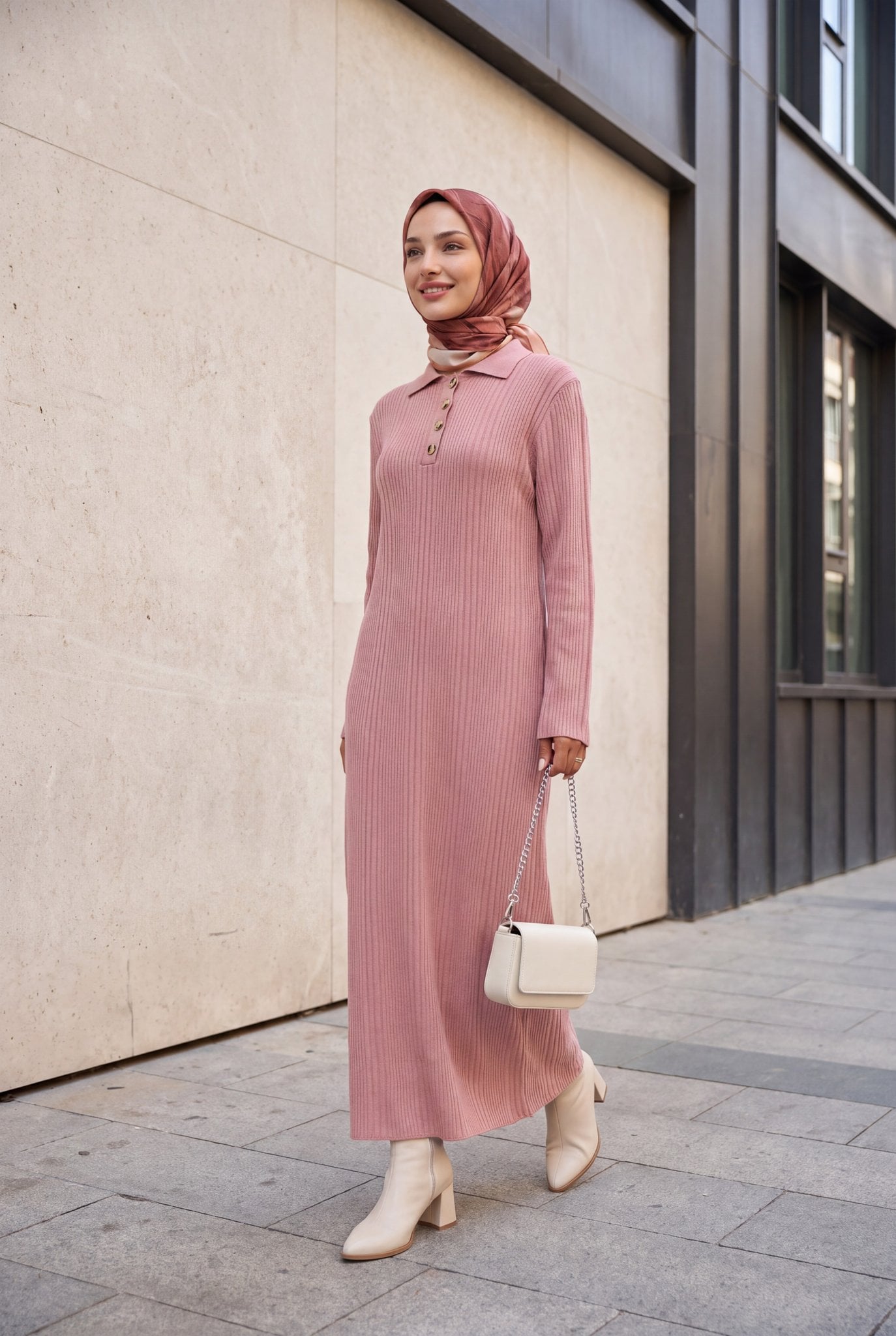 Polo Collar Buttoned Knit Dress - Dusty Rose - Podyumplus - by Peralane - photo 2