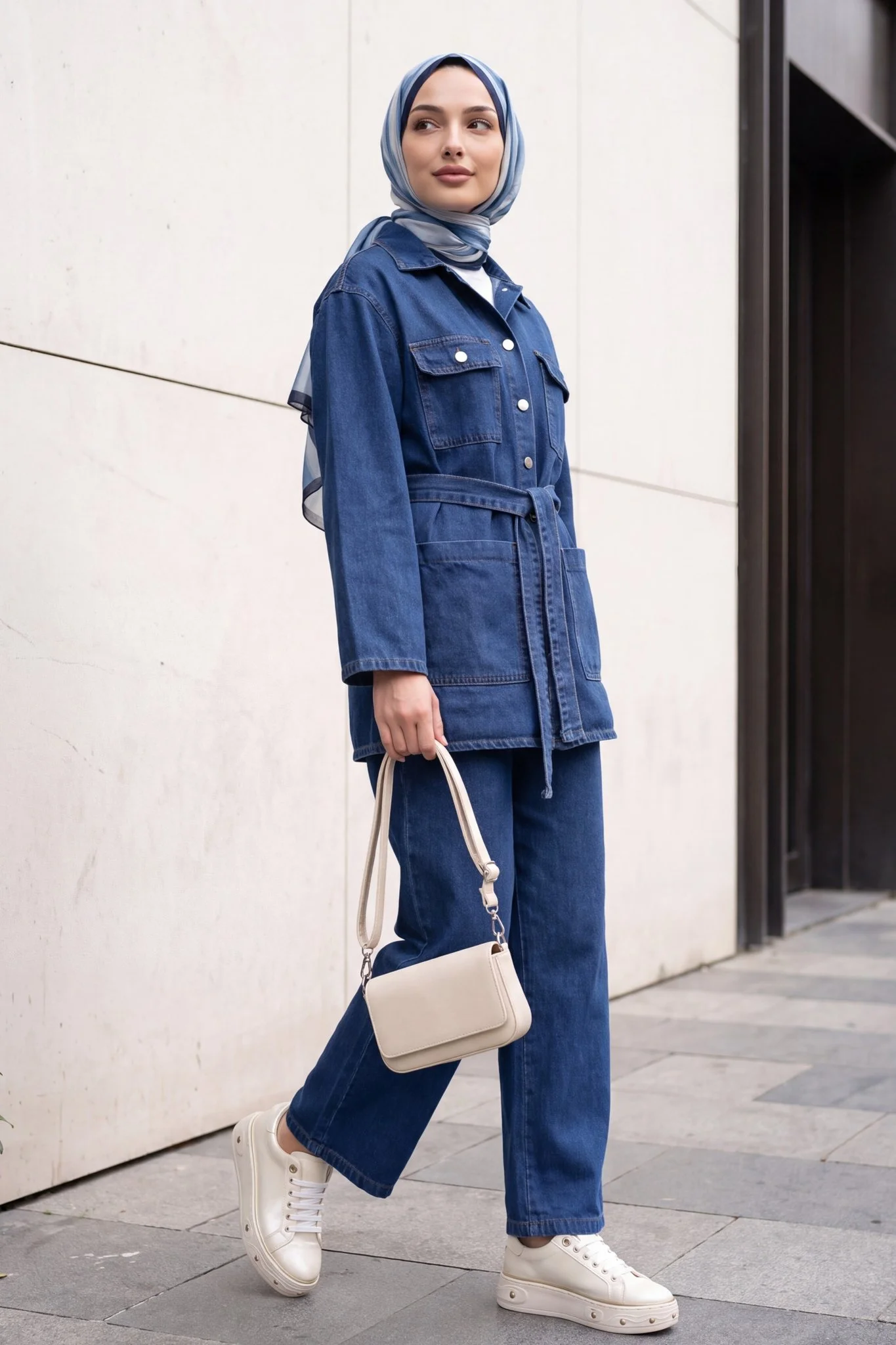 Belted Button-Front Denim Jacket and Wide-Leg Trouser Set - Indigo - Podyumplus - by Peralane - photo 2