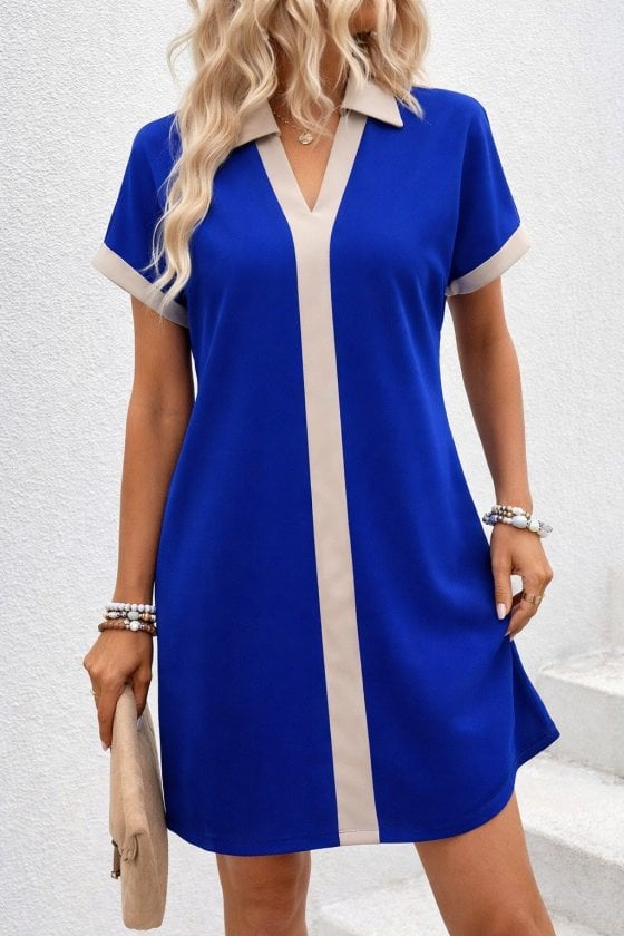 Women's Short Sleeve V-Neck Dress with Contrast Panels and Sequin Crepe Fabric - Janes - by Peralane - photo 2
