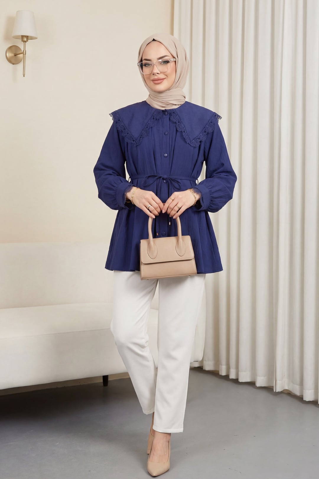 Baby Collar Scalloped Tie Waist Modal Tunic - Navy - Podyumplus - by Peralane - photo 3