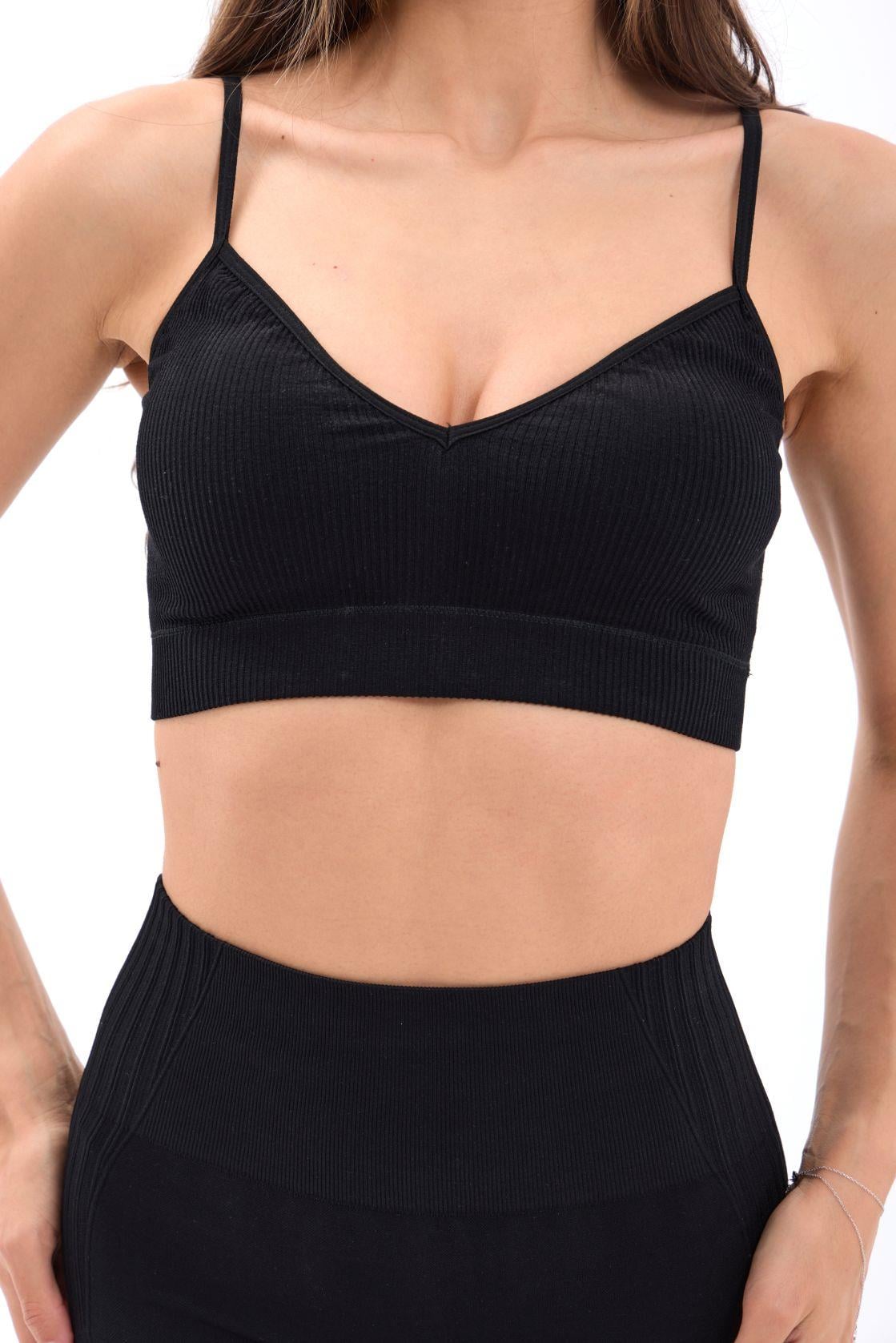 Black Ribbed Sports Bra with V-Neckline - Fame - by Peralane - photo 3