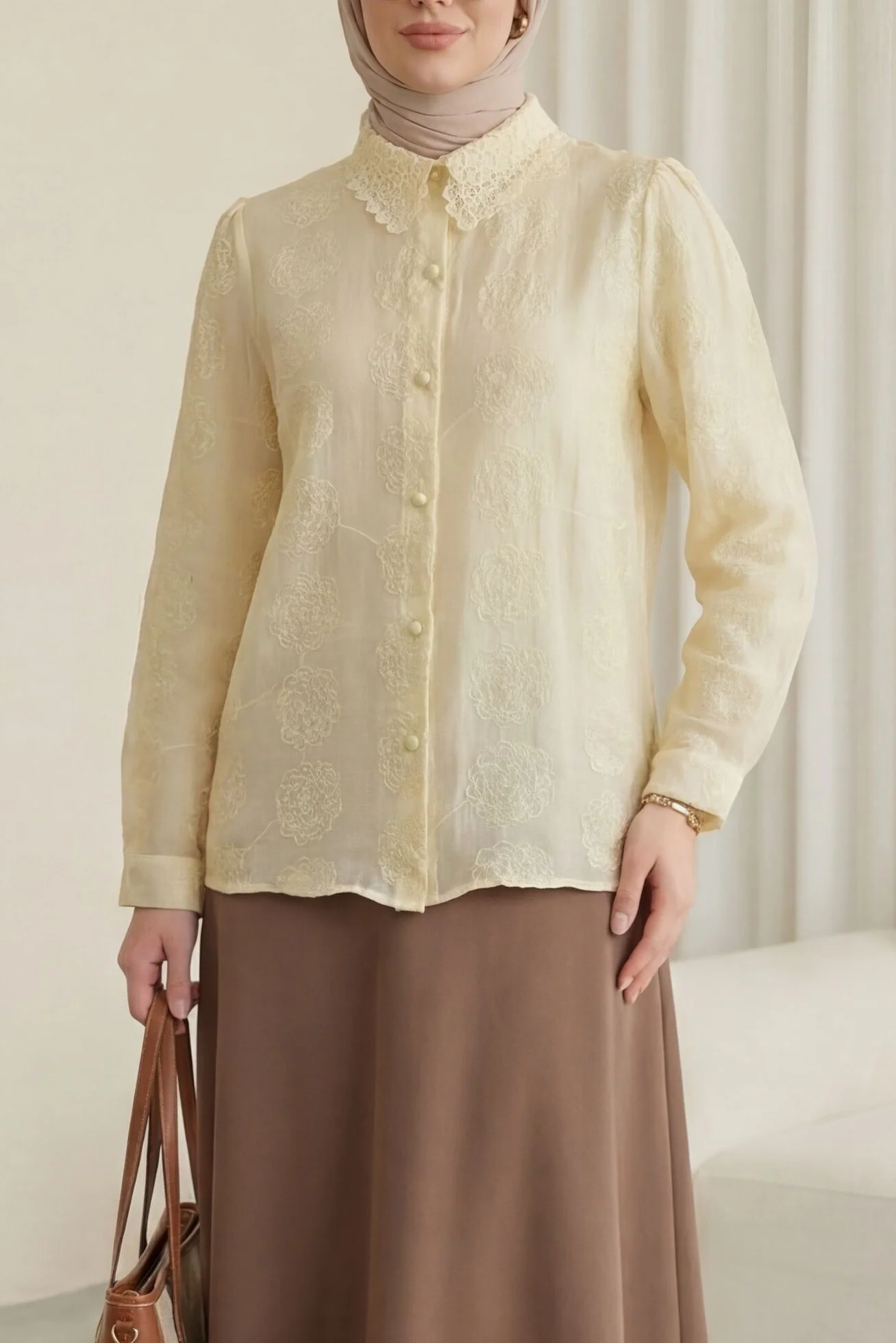 Lace Collar Patterned Jacquard Blouse - Beige - Podyumplus - by Peralane