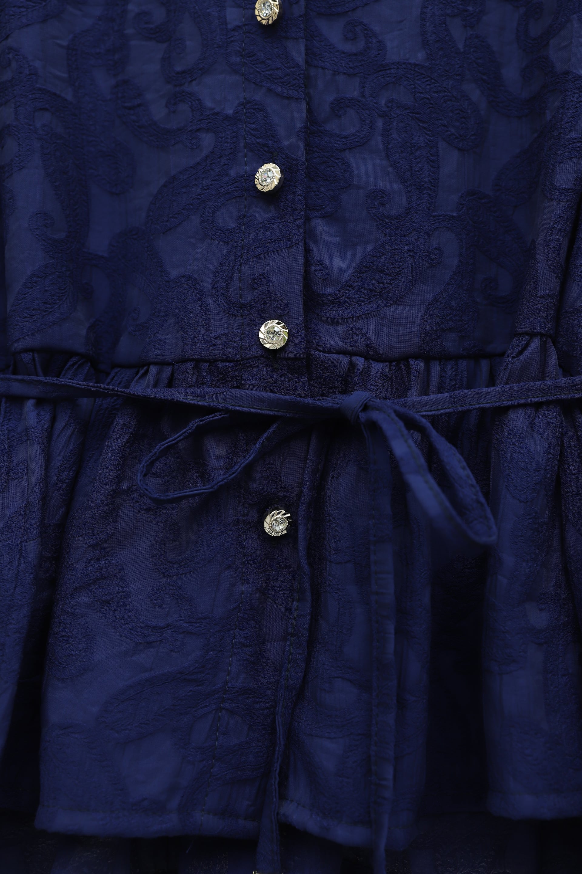 Stone Button Waist-Tie Jacquard Two-Piece Set with Skirt - Navy - Podyumplus - by Peralane - photo 4