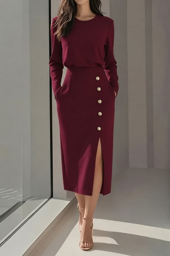 Women's Burgundy Long-Sleeve Crew Neck Button-Front Midi Skirt Set - Janes - by Peralane