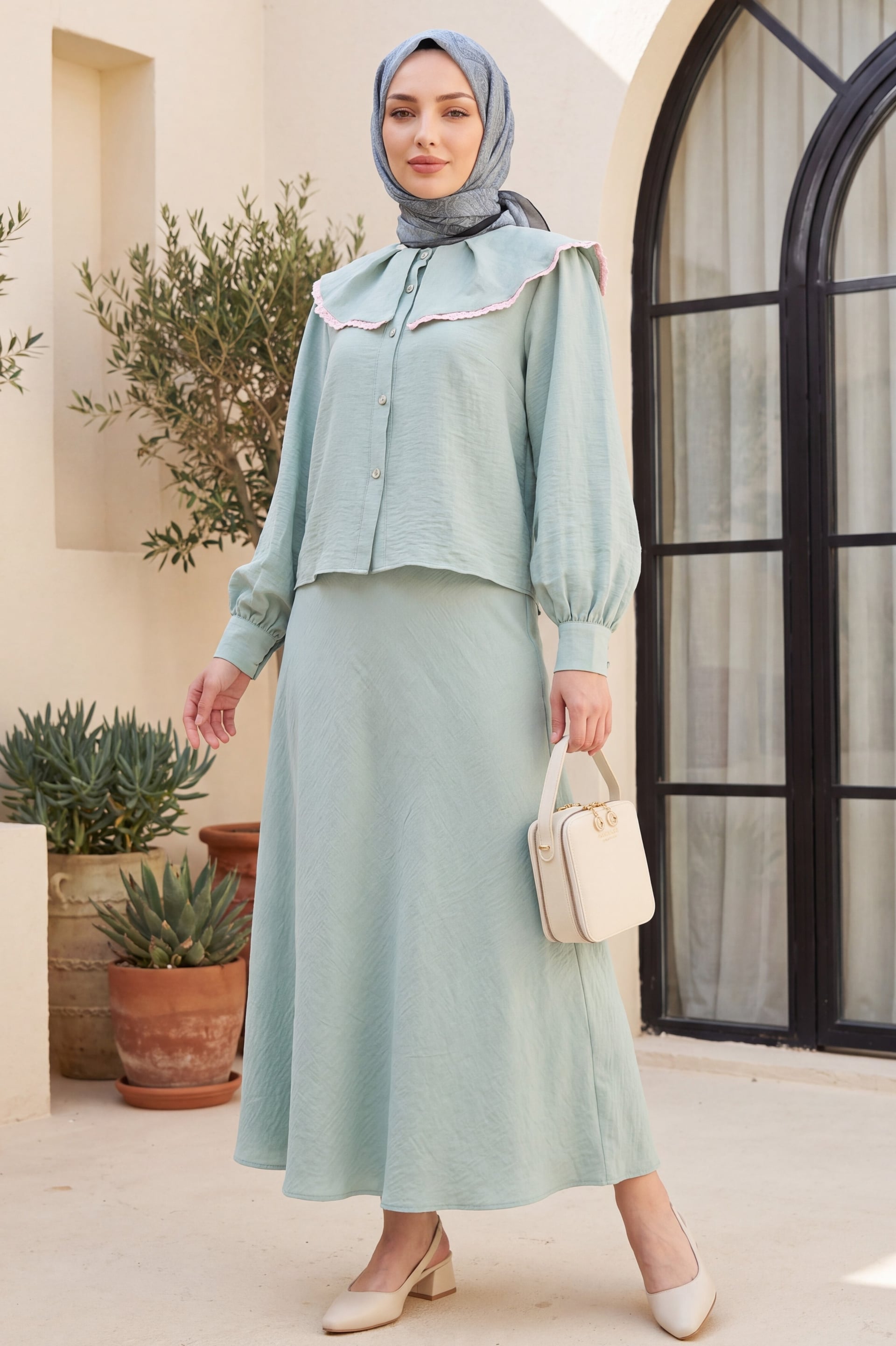 Lace Trimmed Lettuce Edge Pure Linen Look Skirt Suit - Mint Green - Podyumplus - by Peralane