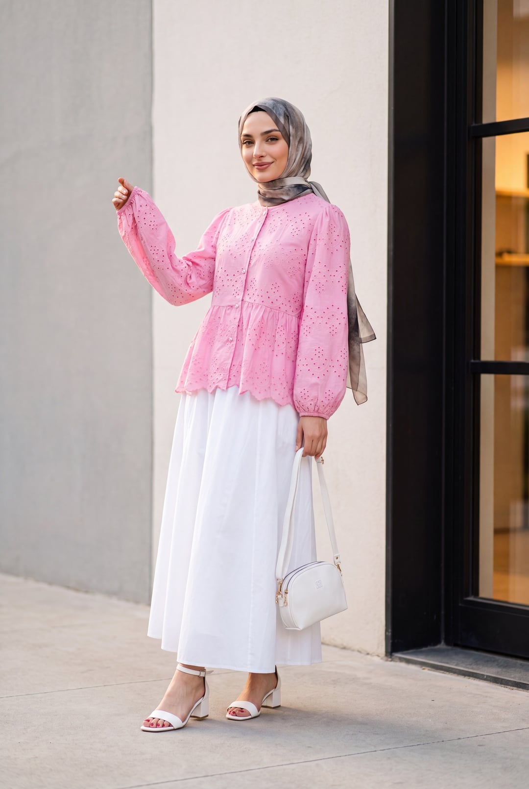 Pink Eyelet Pearl Button Blouse with Long Puff Sleeves - Podyumplus - by Peralane - photo 4