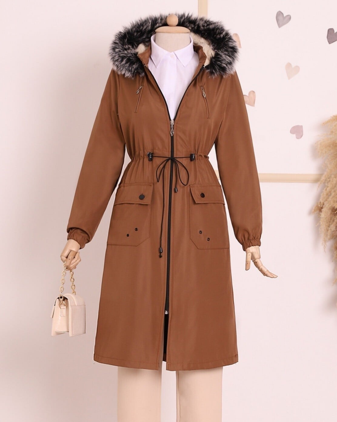 Women's Brown Parka Style Coat with Detachable Hood and Faux Fur Trim - Podyumplus - by Peralane
