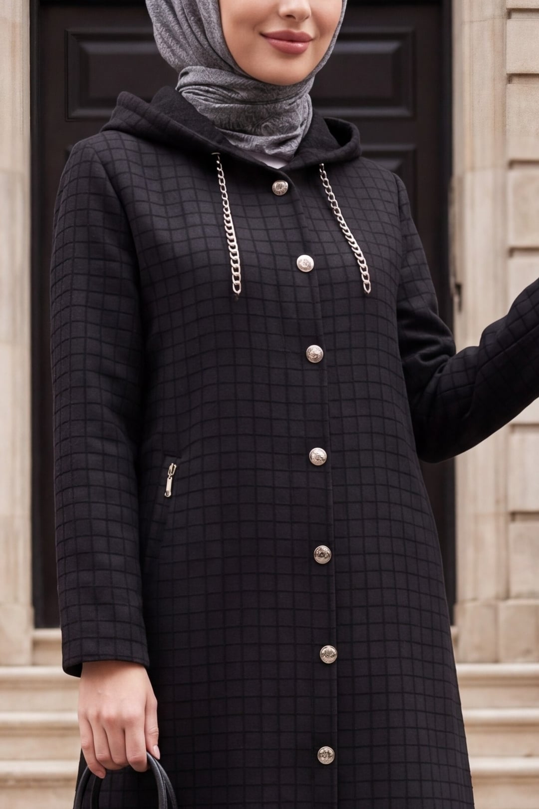 Women's Long Quilted Coat with Chain Collar - Black - Podyumplus - by Peralane - photo 4