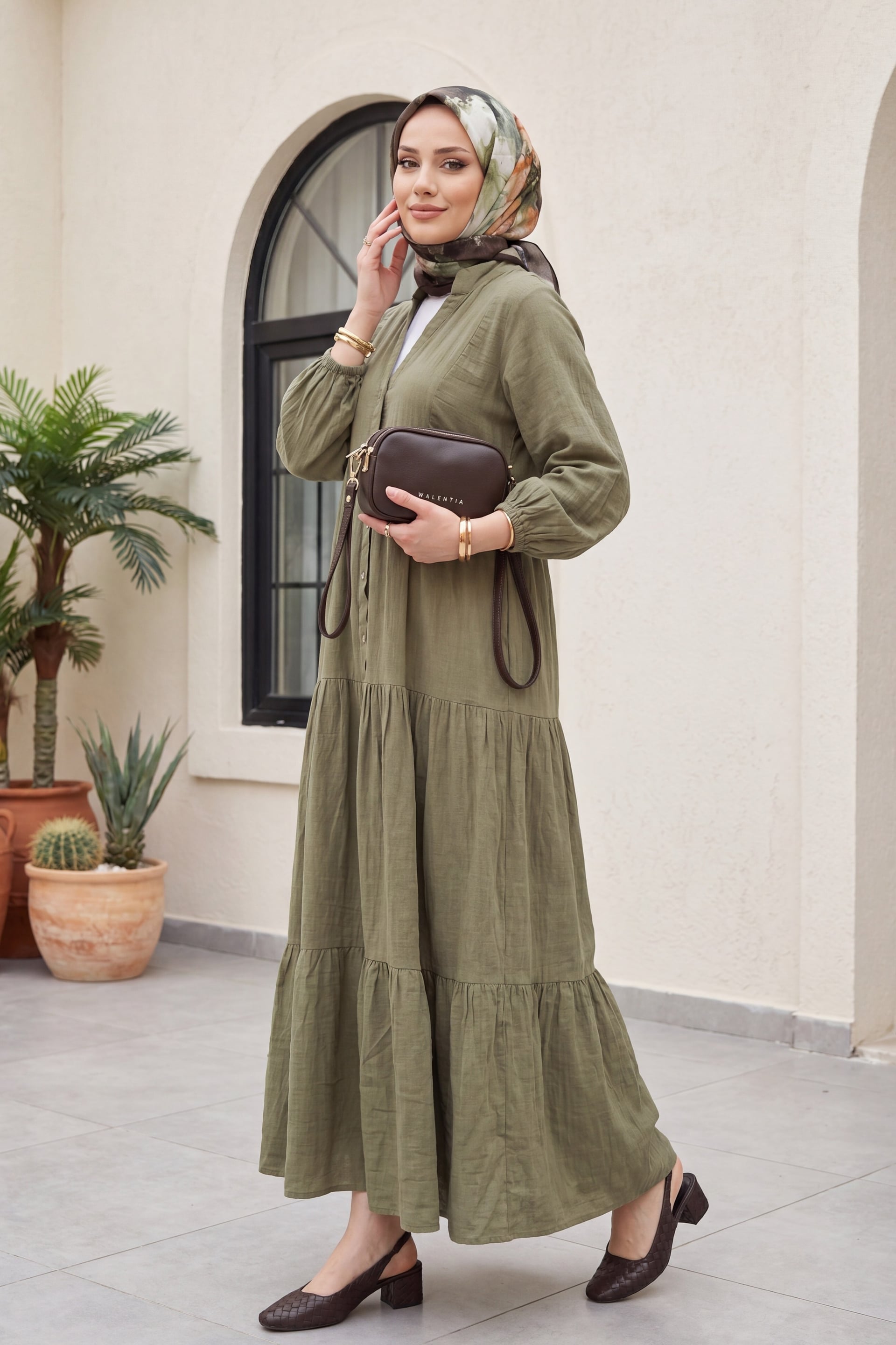 V-Neck Half-Button Long-Sleeve Tiered Muslin Dress - Olive Green - Podyumplus - by Peralane - photo 4