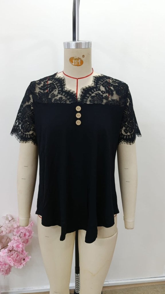 Women's Short Sleeve V-Neck Lace Trim Blouse - Black - Janes - by Peralane - photo 4