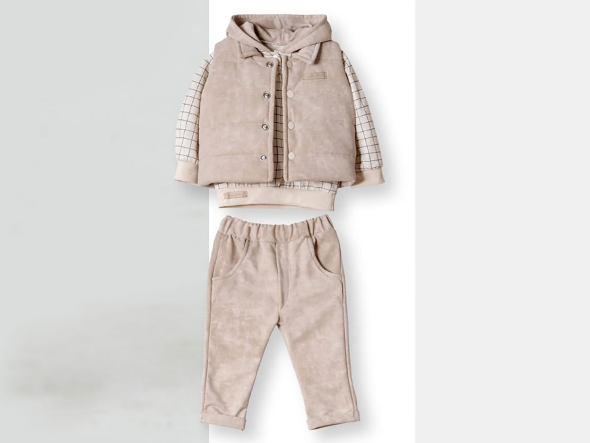 Boys' 3-Piece Suede Vest Set with Shirt and Trousers - Beige - Hippil - by Peralane