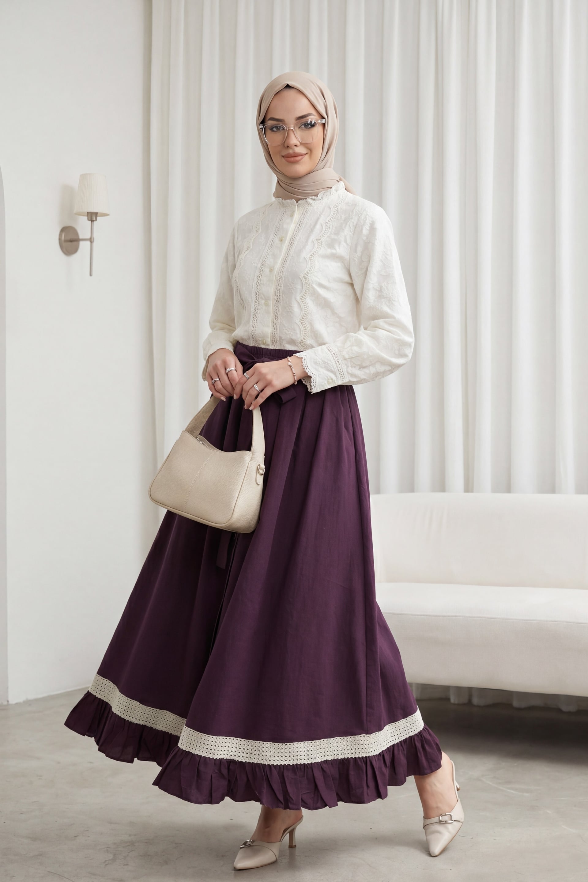 Elasticated Waist Voile Skirt with Lace Detail and Ruffle Trim - Plum - Podyumplus - by Peralane - photo 2
