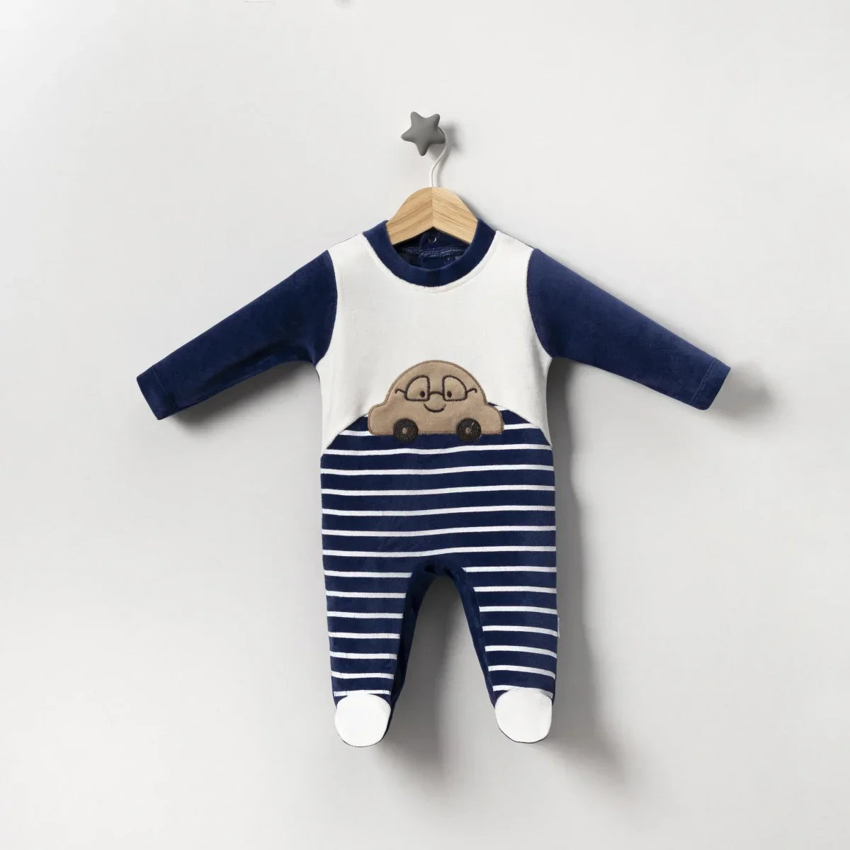 Baby Boys' Footed Romper with Car Applique - Navy and White Striped - Jolly JOY - by Peralane
