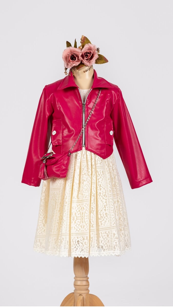 3-Piece Girls' Faux Leather Jacket, Dress and Purse Set 6-12Y Fuchsia - Tivido - by Peralane
