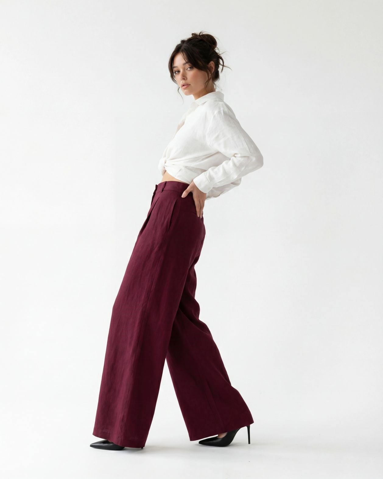 Women's High-Waist Wide-Leg Linen Trousers in Burgundy - Fame - by Peralane - photo 4