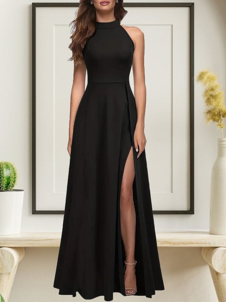 Women's Sleeveless Halter Neck Deep Slit Full-Length Imported Crepe Dress - Janes - by Peralane