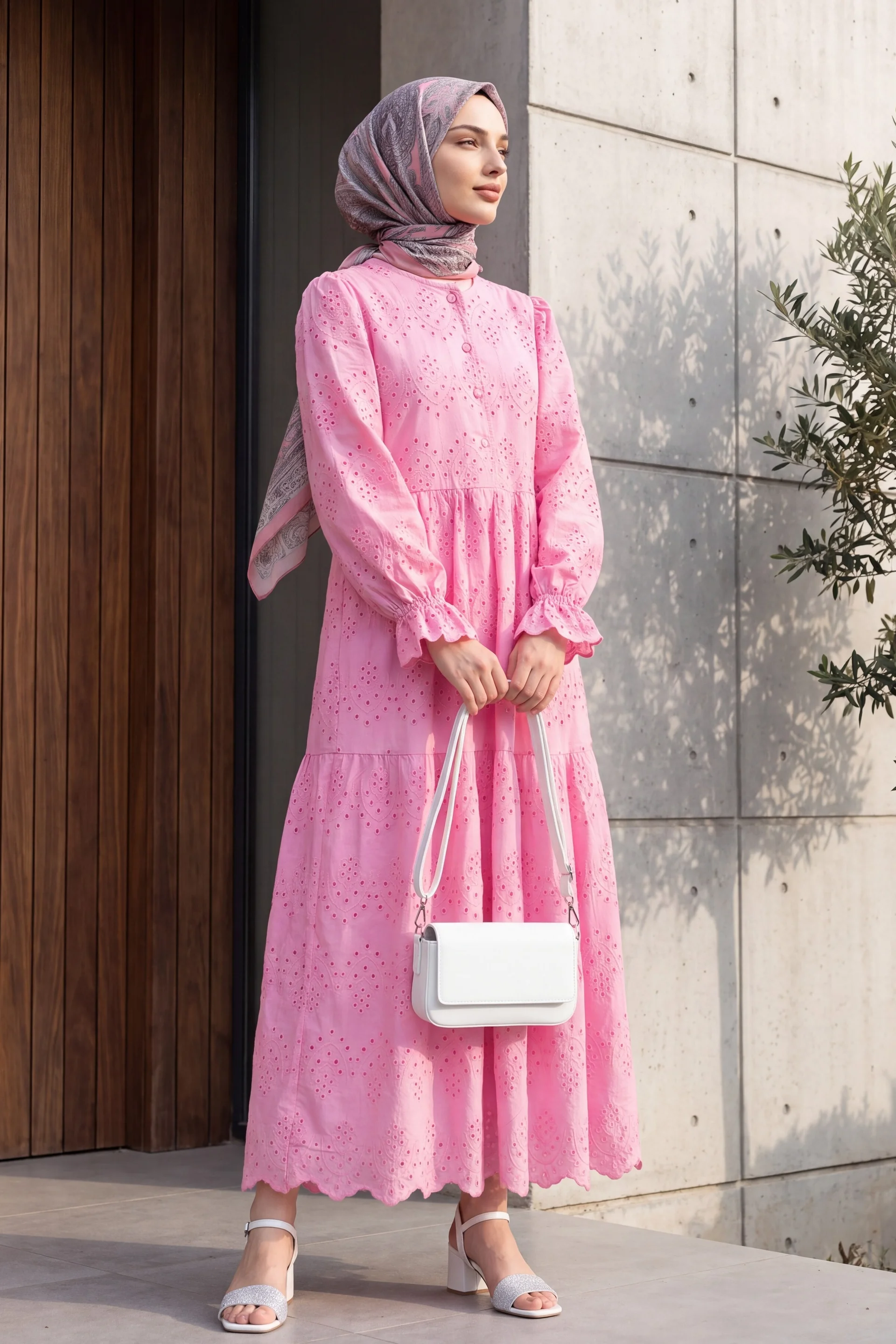 Half-Button Lace Detail Smocked Dress - Pink - Podyumplus - by Peralane - photo 2