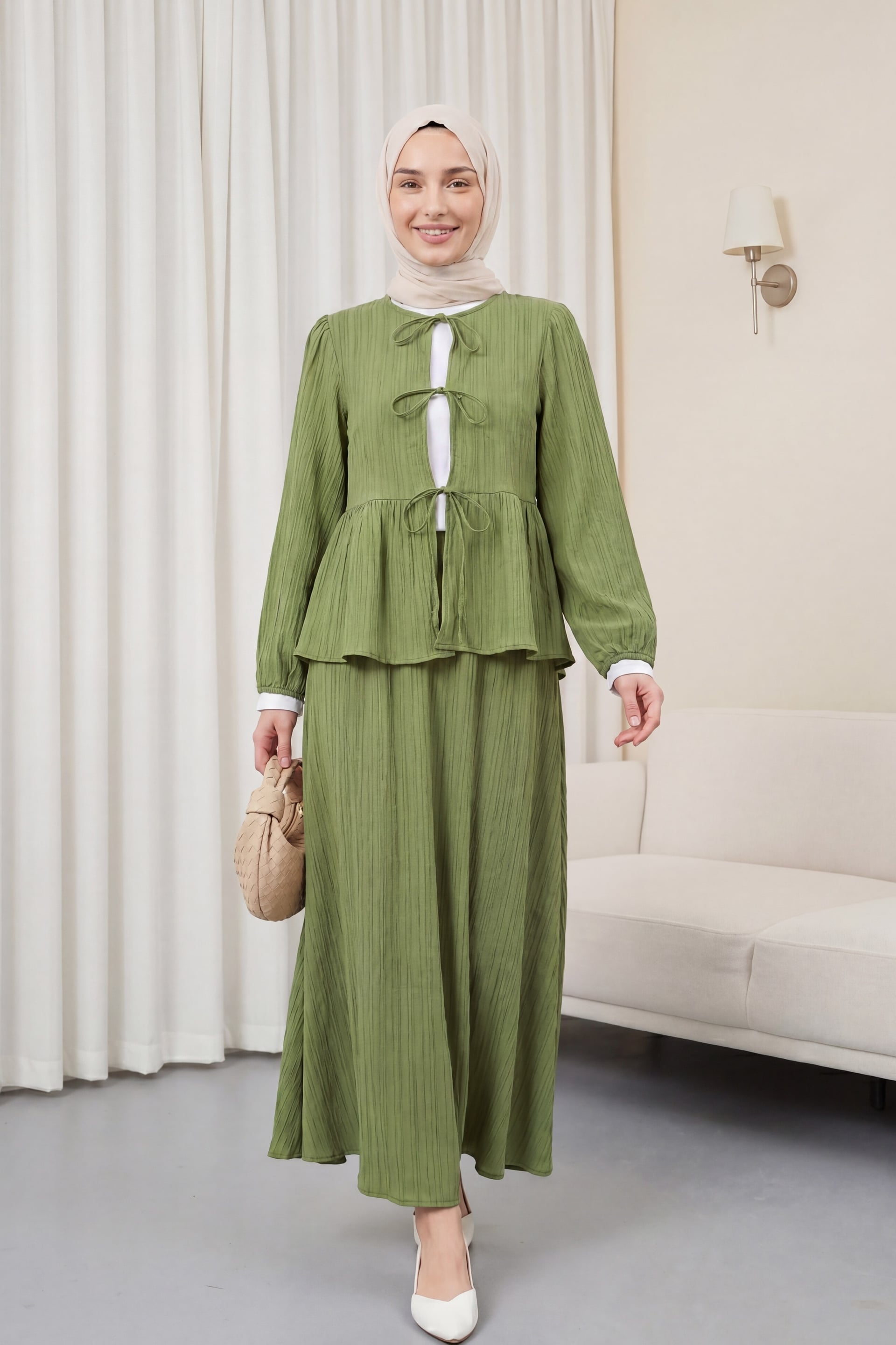 Tie-Front Crinkle Two-Piece Set with Peplum Top and Maxi Skirt - Pistachio Green - Podyumplus - by Peralane - photo 5