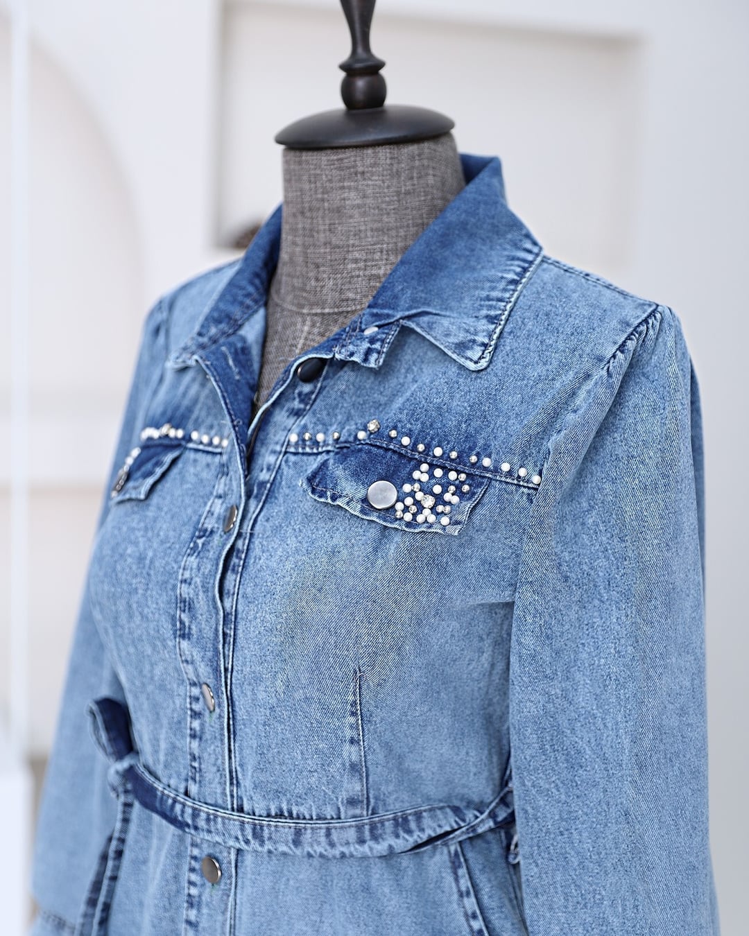 Stone Detailed Full-Length Button Denim Dress - Indigo - Podyumplus - by Peralane - photo 6