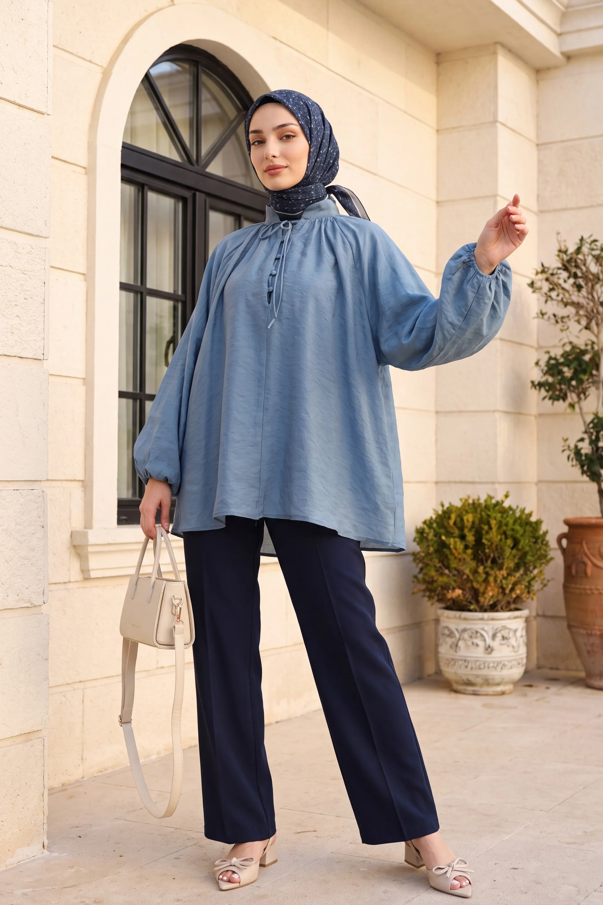 Tie-Front Half-Button Lined Oversize Tulle Voile Blouse - Petrol - Podyumplus - by Peralane - photo 4