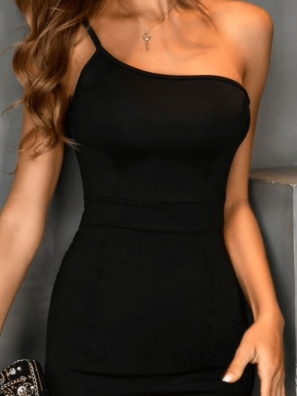 Women's One-Shoulder Flared Midi Dress in Black with Spaghetti Strap - Janes - by Peralane - photo 2